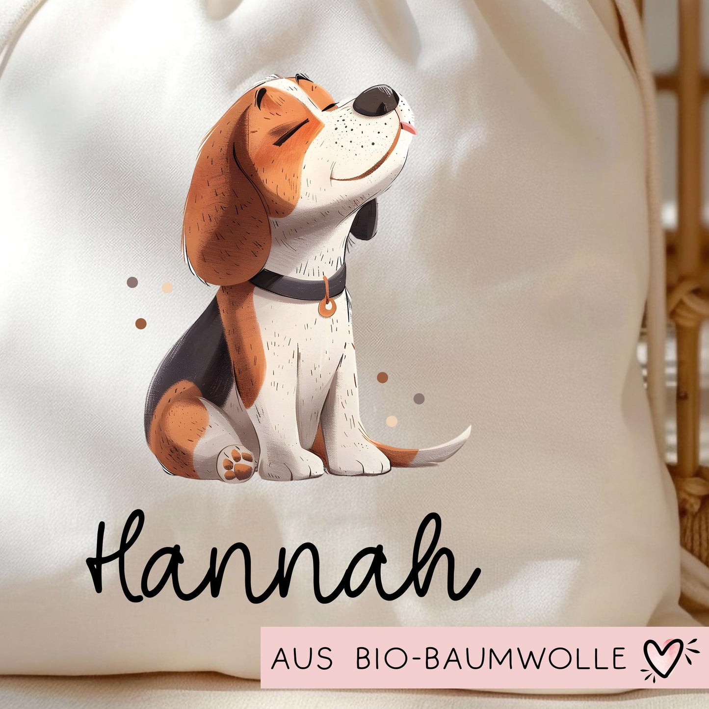Personalisierte Stofftasche Beagle Hund Name - Kinder Beutel Kindertasche mit Wunschname - Wechselwäsche, Schmutzwäsche - Wechselkleidung kleinebuchstaben