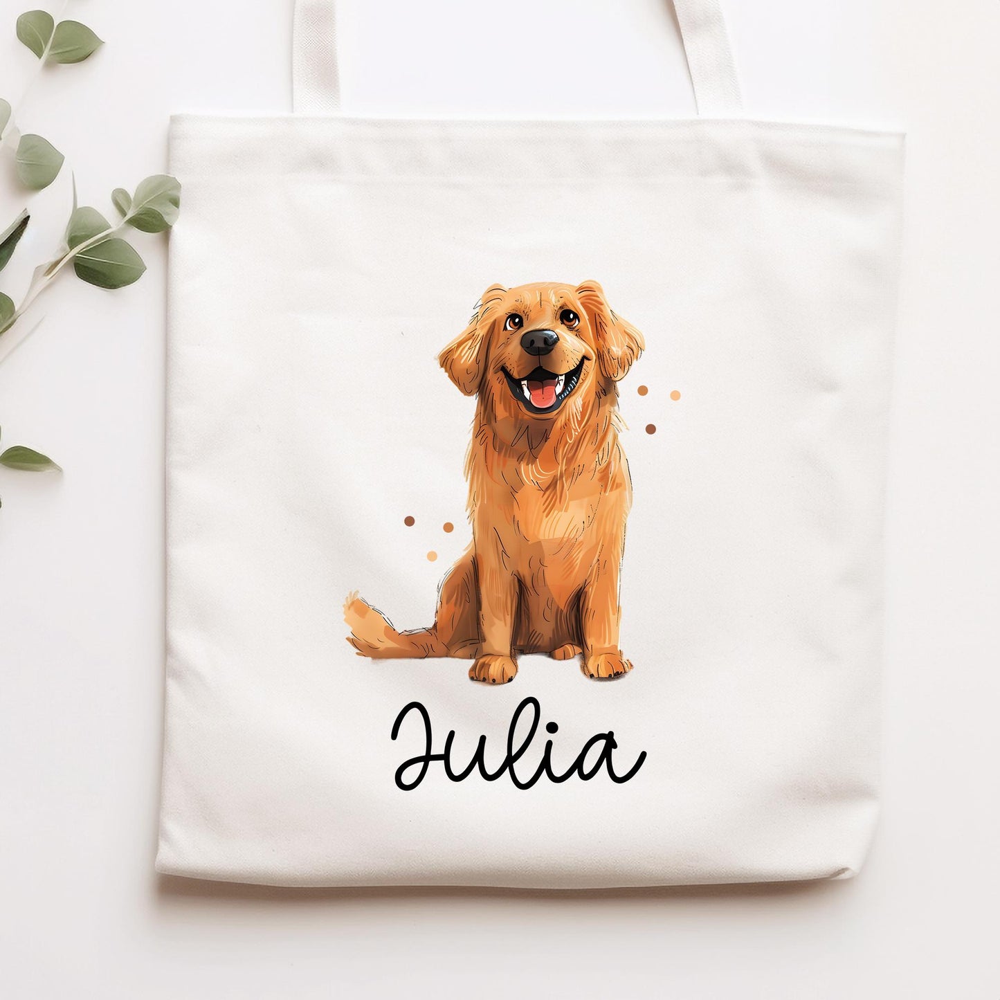 Personalisierte Stofftasche Golden Retriever Hund Name - Kinder Beutel Kindertasche mit Wunschname - Wechselwäsche - Tasche- Wechselkleidung kleinebuchstaben Stofftasche Schriftart 1
