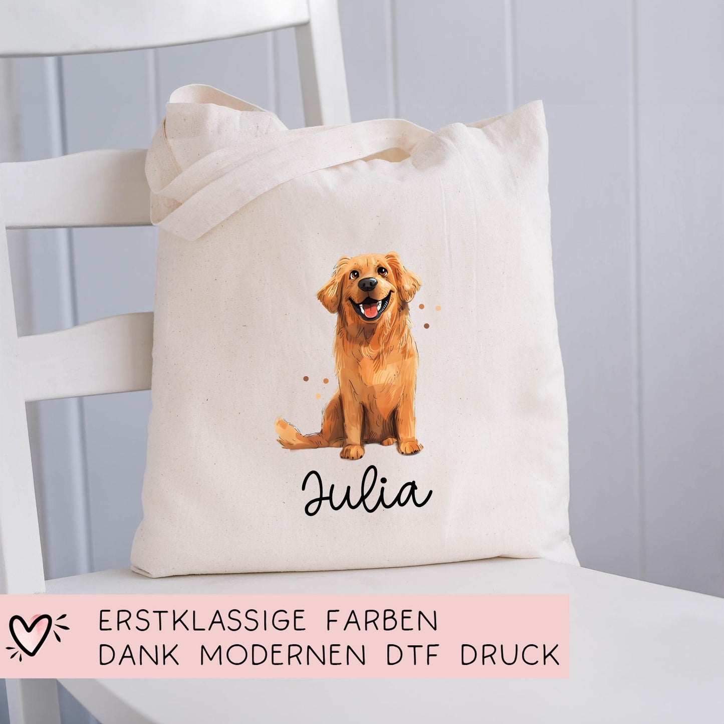 Personalisierte Stofftasche Golden Retriever Hund Name - Kinder Beutel Kindertasche mit Wunschname - Wechselwäsche - Tasche- Wechselkleidung kleinebuchstaben