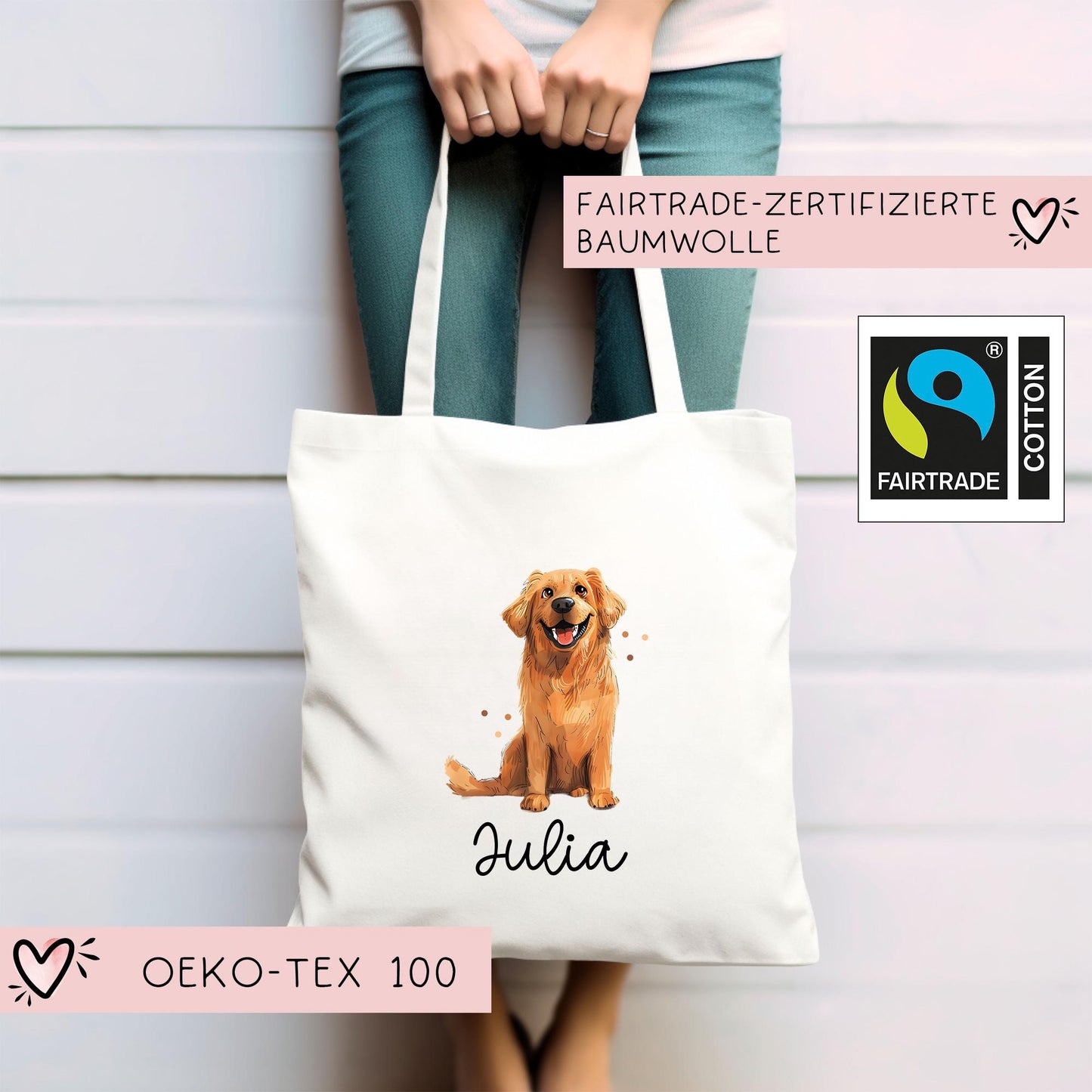 Personalisierte Stofftasche Golden Retriever Hund Name - Kinder Beutel Kindertasche mit Wunschname - Wechselwäsche - Tasche- Wechselkleidung kleinebuchstaben
