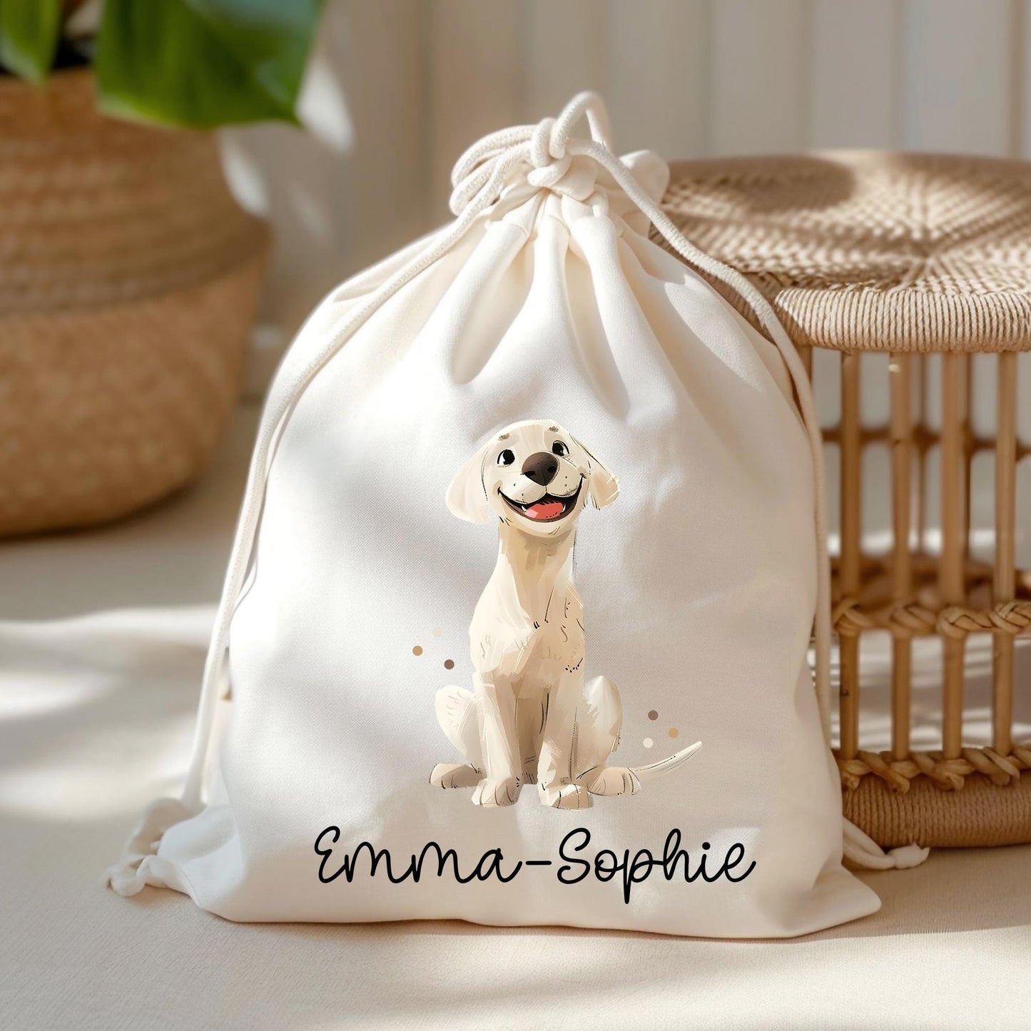 Personalisierte Stofftasche Labrador Hund Name - Kinder Beutel Kindertasche mit Wunschname - Wechselwäsche - Tragetasche - Wechselkleidung kleinebuchstaben Turnbeutel Schriftart 1
