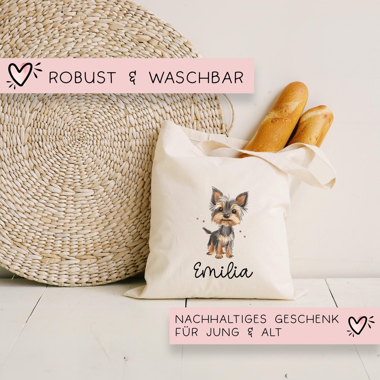 Personalisierte Stofftasche Hund Yorkshire Terrier Name - Kinder Beutel Kindertasche mit Wunschname - Wechselwäsche - Wechselkleidung kleinebuchstaben