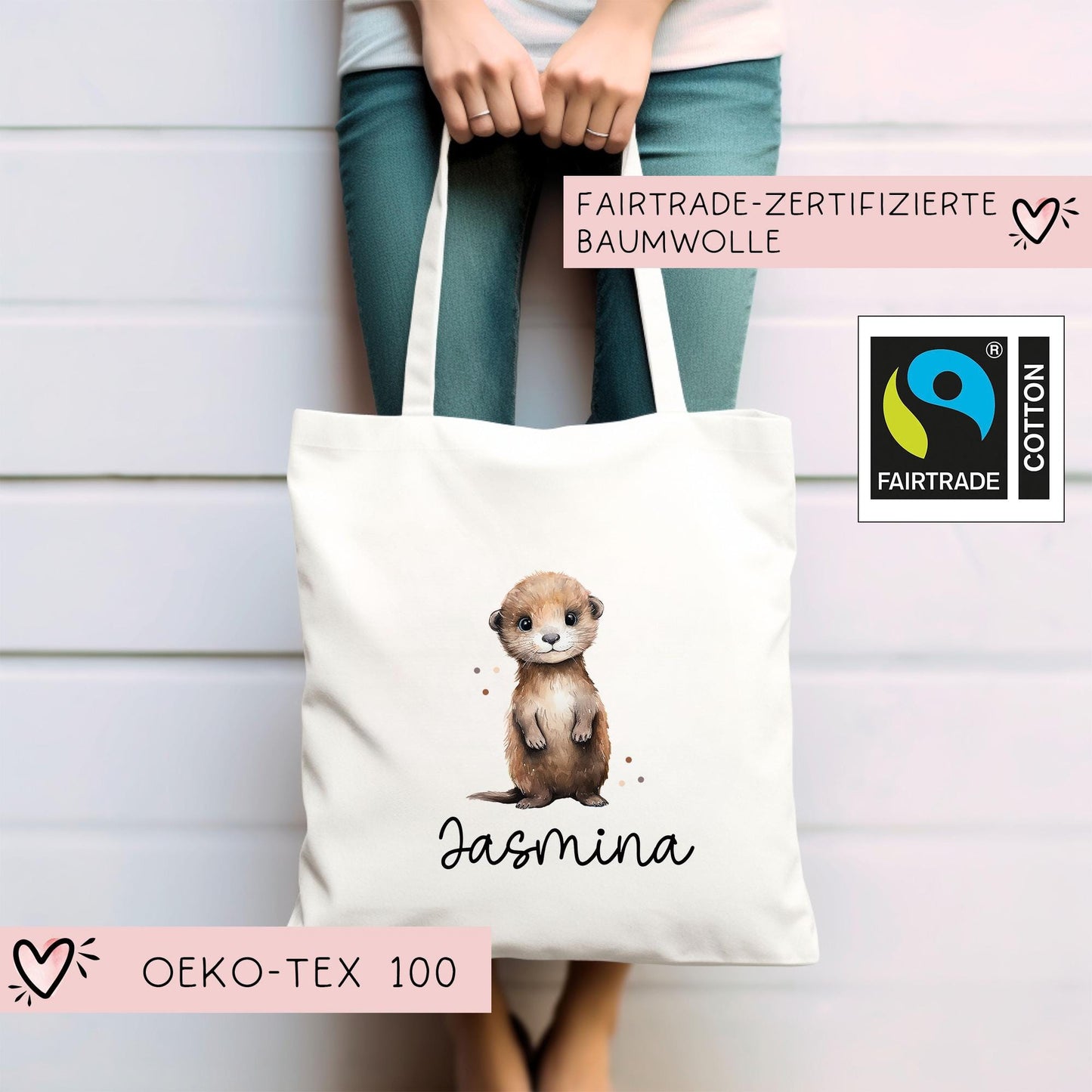 Personalisierte Stofftasche Otter Name - Kinder Beutel Kindertasche mit Wunschname - Wechselwäsche - Wechselkleidung - Tragetasche -Seeotter kleinebuchstaben