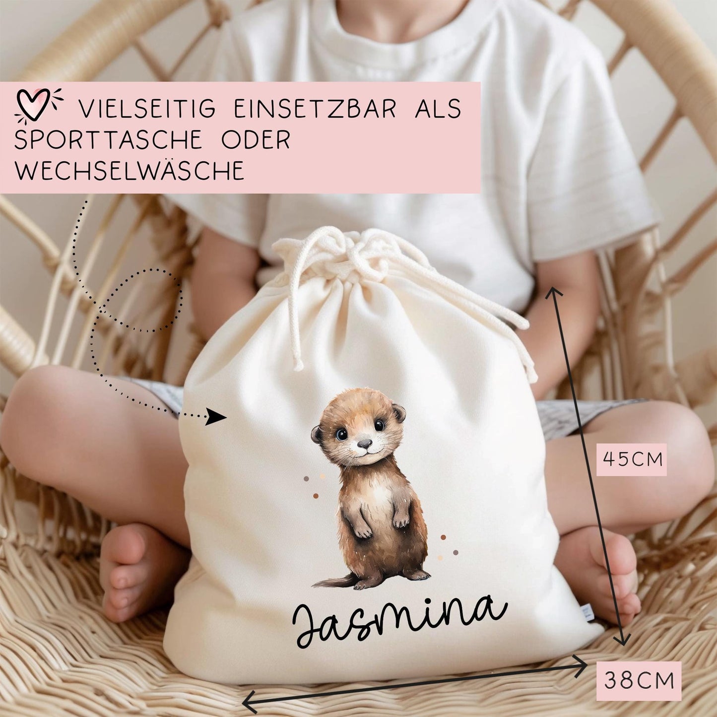 Personalisierte Stofftasche Otter Name - Kinder Beutel Kindertasche mit Wunschname - Wechselwäsche - Wechselkleidung - Tragetasche -Seeotter kleinebuchstaben