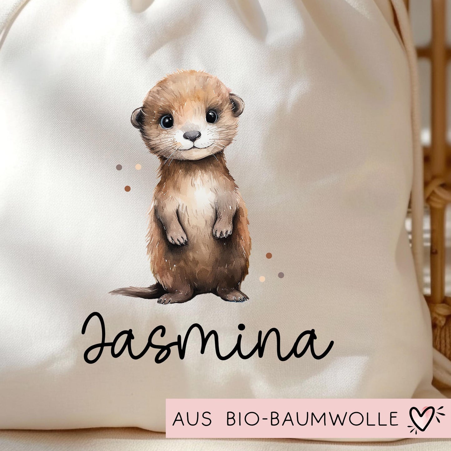 Personalisierte Stofftasche Otter Name - Kinder Beutel Kindertasche mit Wunschname - Wechselwäsche - Wechselkleidung - Tragetasche -Seeotter kleinebuchstaben