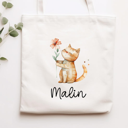 Personalisierte Stofftasche Katze Name - Kinder Beutel Kindertasche mit Wunschname - Wechselwäsche - Wechselkleidung - Tragetasche - Mietze  kleinebuchstaben Stofftasche Schriftart 1