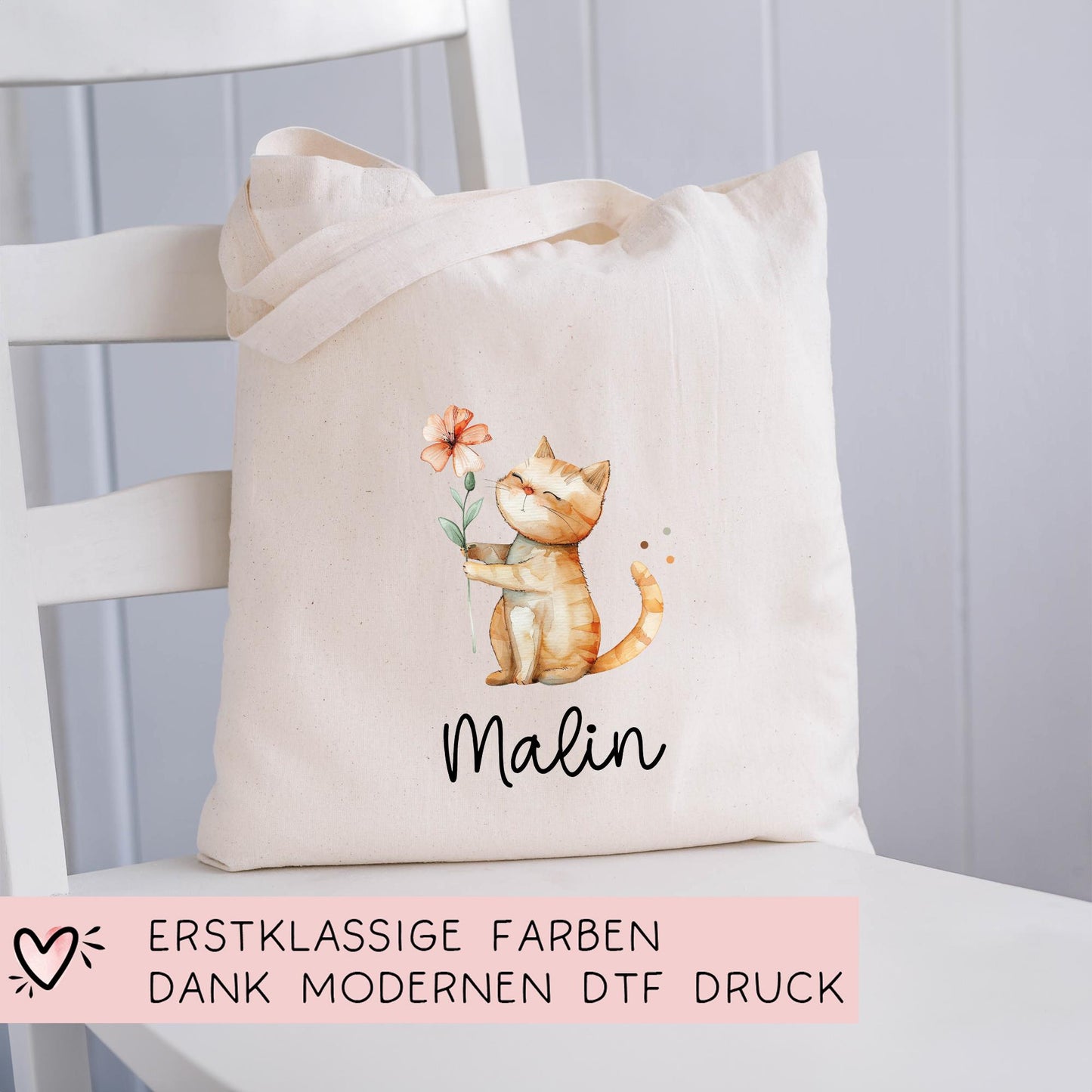 Personalisierte Stofftasche Katze Name - Kinder Beutel Kindertasche mit Wunschname - Wechselwäsche - Wechselkleidung - Tragetasche - Mietze kleinebuchstaben