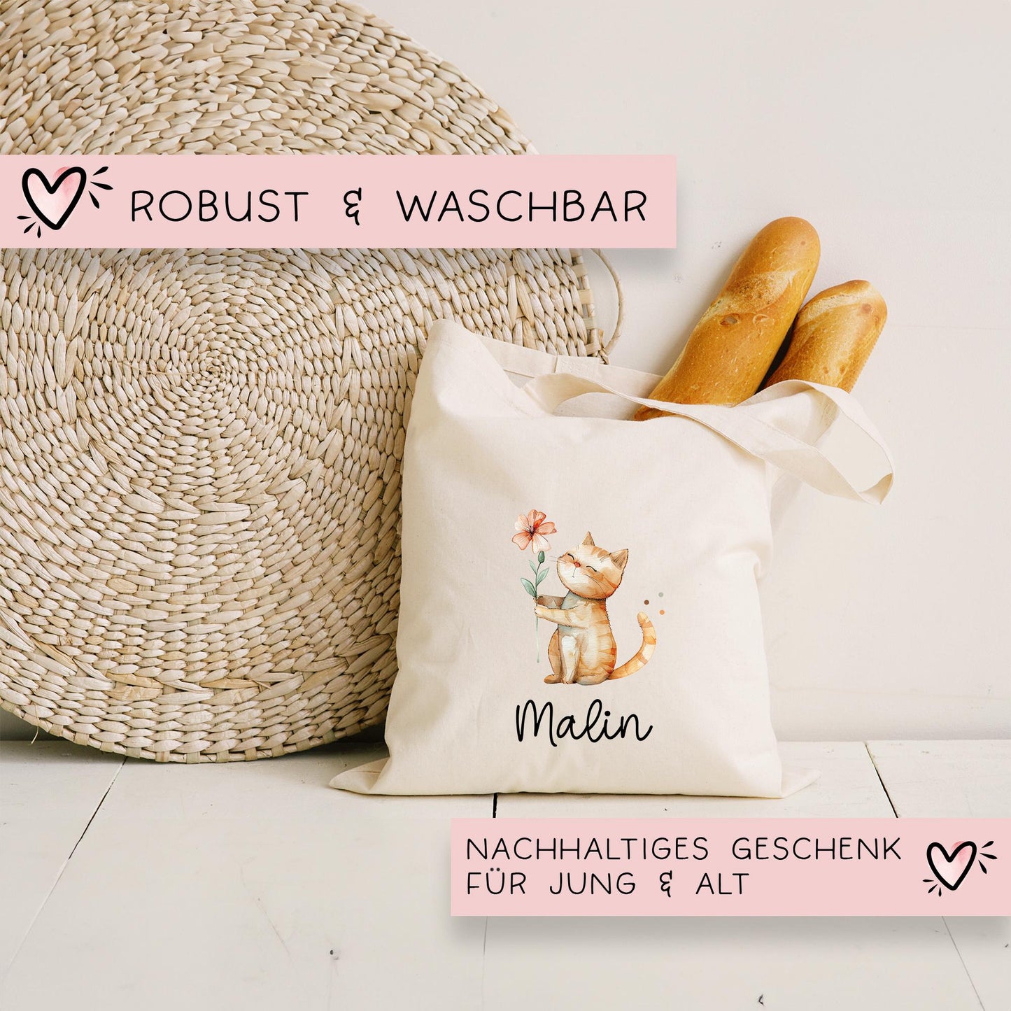 Personalisierte Stofftasche Katze Name - Kinder Beutel Kindertasche mit Wunschname - Wechselwäsche - Wechselkleidung - Tragetasche - Mietze kleinebuchstaben