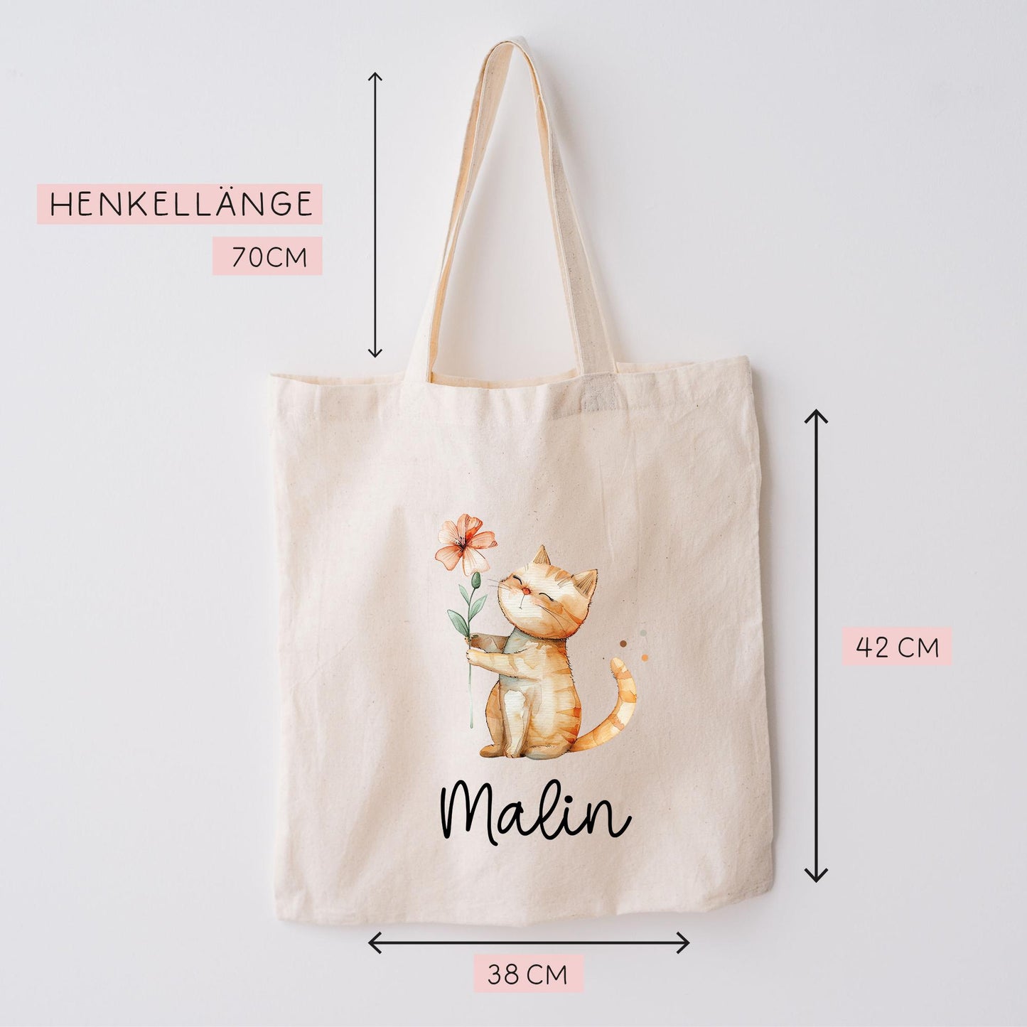 Personalisierte Stofftasche Katze Name - Kinder Beutel Kindertasche mit Wunschname - Wechselwäsche - Wechselkleidung - Tragetasche - Mietze kleinebuchstaben