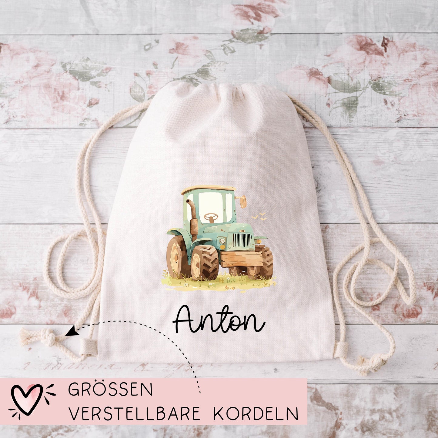 Personalisierter Turnbeutel Trecker Traktor Grün - Sportbeutel mit Namen - Beutel für Wechselwäsche für Schule Kindergarten - Geburtstag kleinebuchstaben