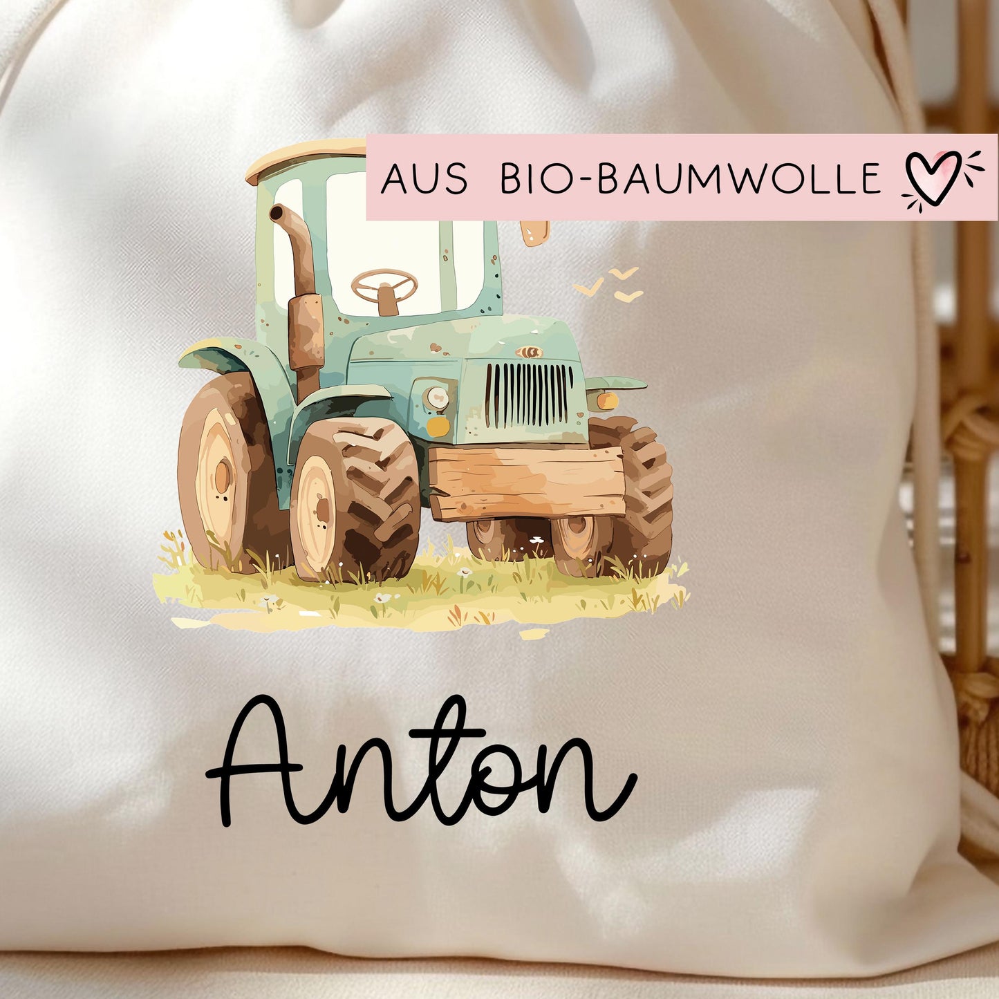 Personalisierter Turnbeutel Trecker Traktor Grün - Sportbeutel mit Namen - Beutel für Wechselwäsche für Schule Kindergarten - Geburtstag kleinebuchstaben