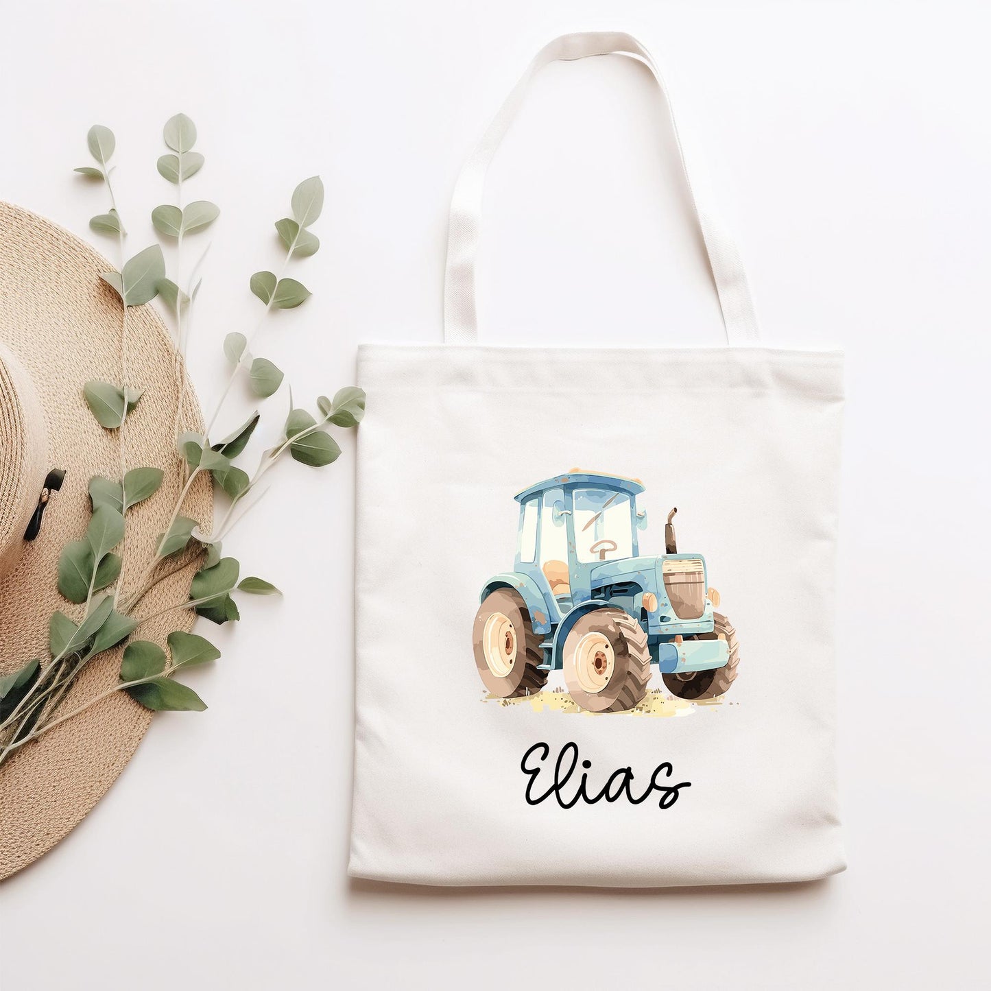 Personalisierte Stofftasche Traktor Blau Name - Kinder Beutel Kindertasche mit Wunschname - Wechselwäsche - Wechselkleidung - Tragetasche kleinebuchstaben