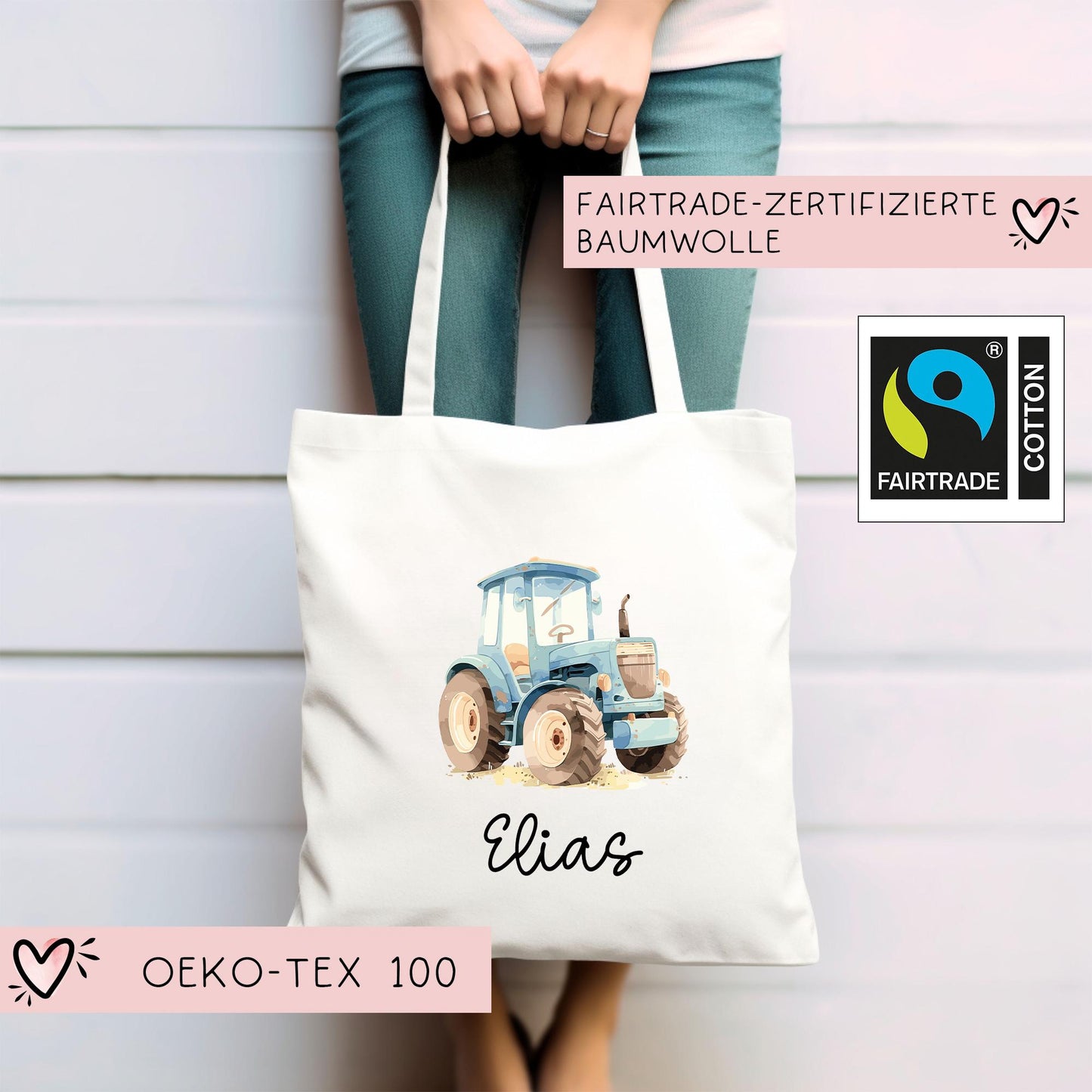 Personalisierte Stofftasche Traktor Blau Name - Kinder Beutel Kindertasche mit Wunschname - Wechselwäsche - Wechselkleidung - Tragetasche kleinebuchstaben