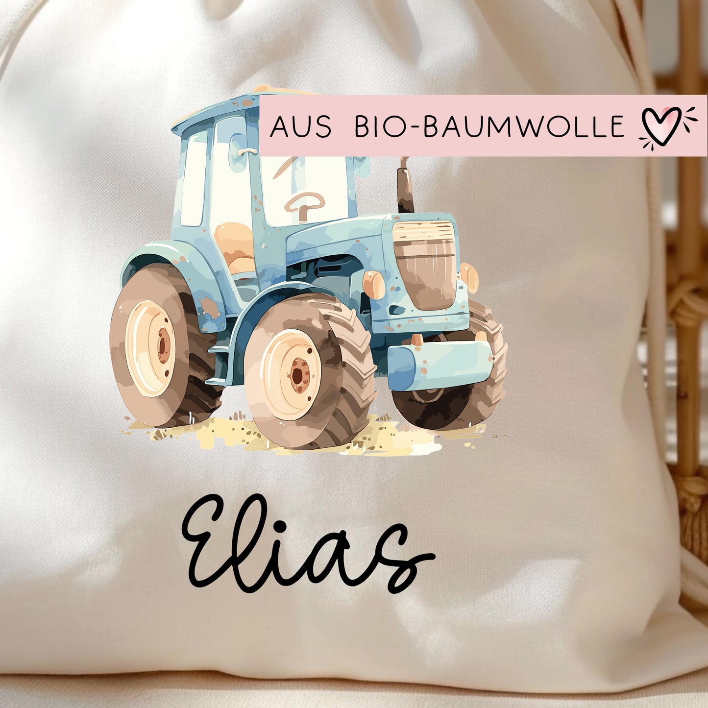 Personalisierte Stofftasche Traktor Blau Name - Kinder Beutel Kindertasche mit Wunschname - Wechselwäsche - Wechselkleidung - Tragetasche kleinebuchstaben
