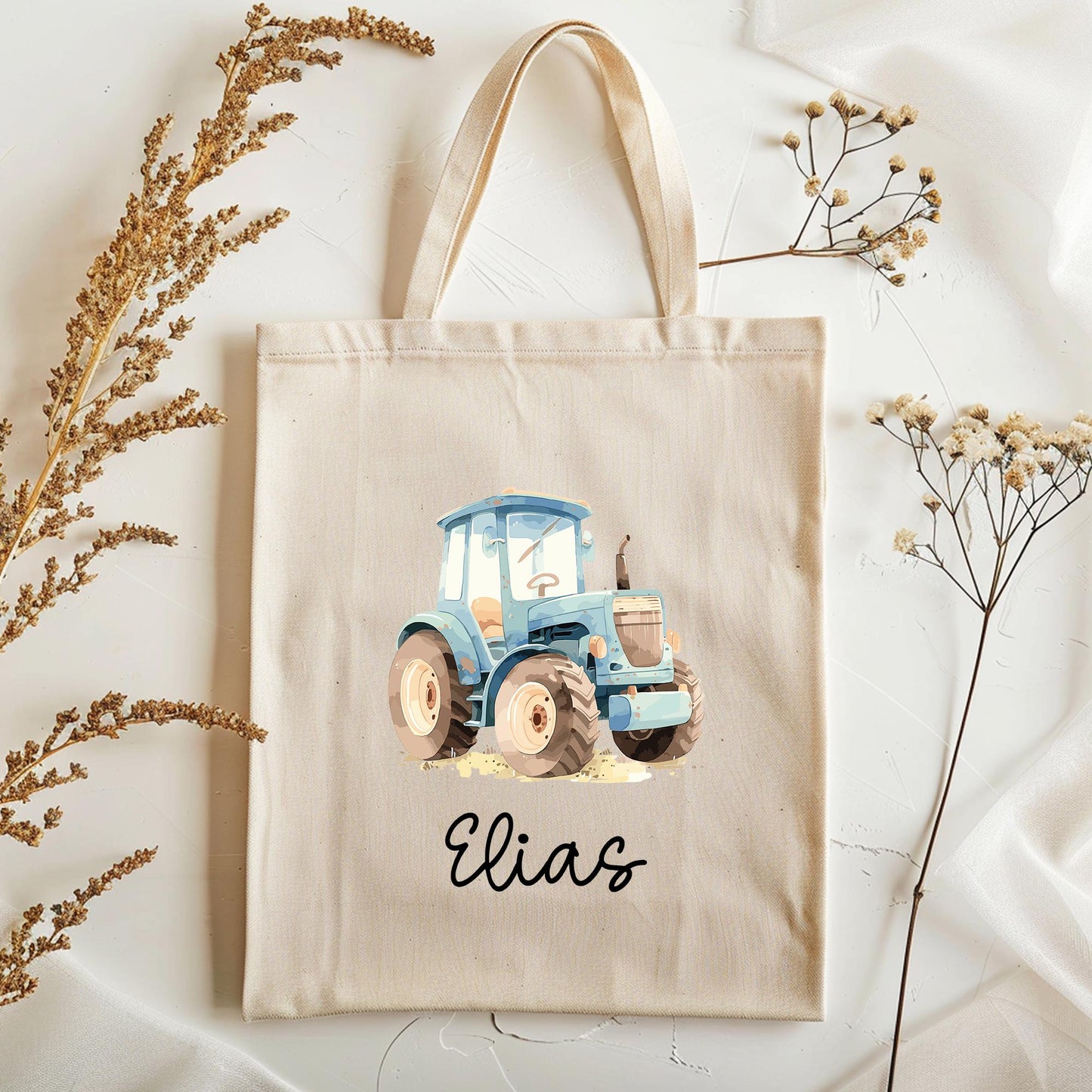 Personalisierte Stofftasche Traktor Blau Name - Kinder Beutel Kindertasche mit Wunschname - Wechselwäsche - Wechselkleidung - Tragetasche kleinebuchstaben