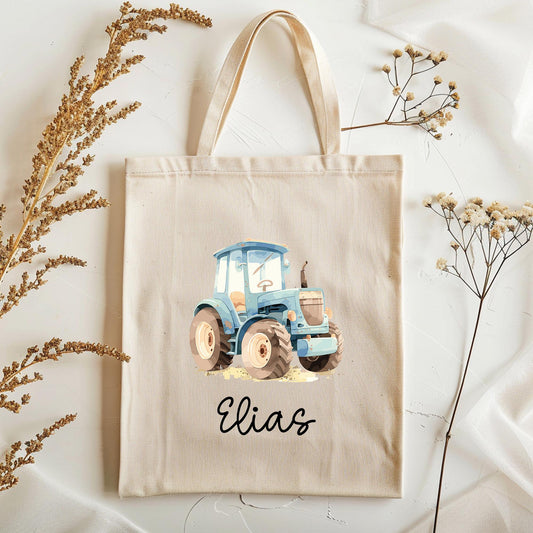 Personalisierte Stofftasche Traktor Blau Name - Kinder Beutel Kindertasche mit Wunschname - Wechselwäsche - Wechselkleidung - Tragetasche  kleinebuchstaben