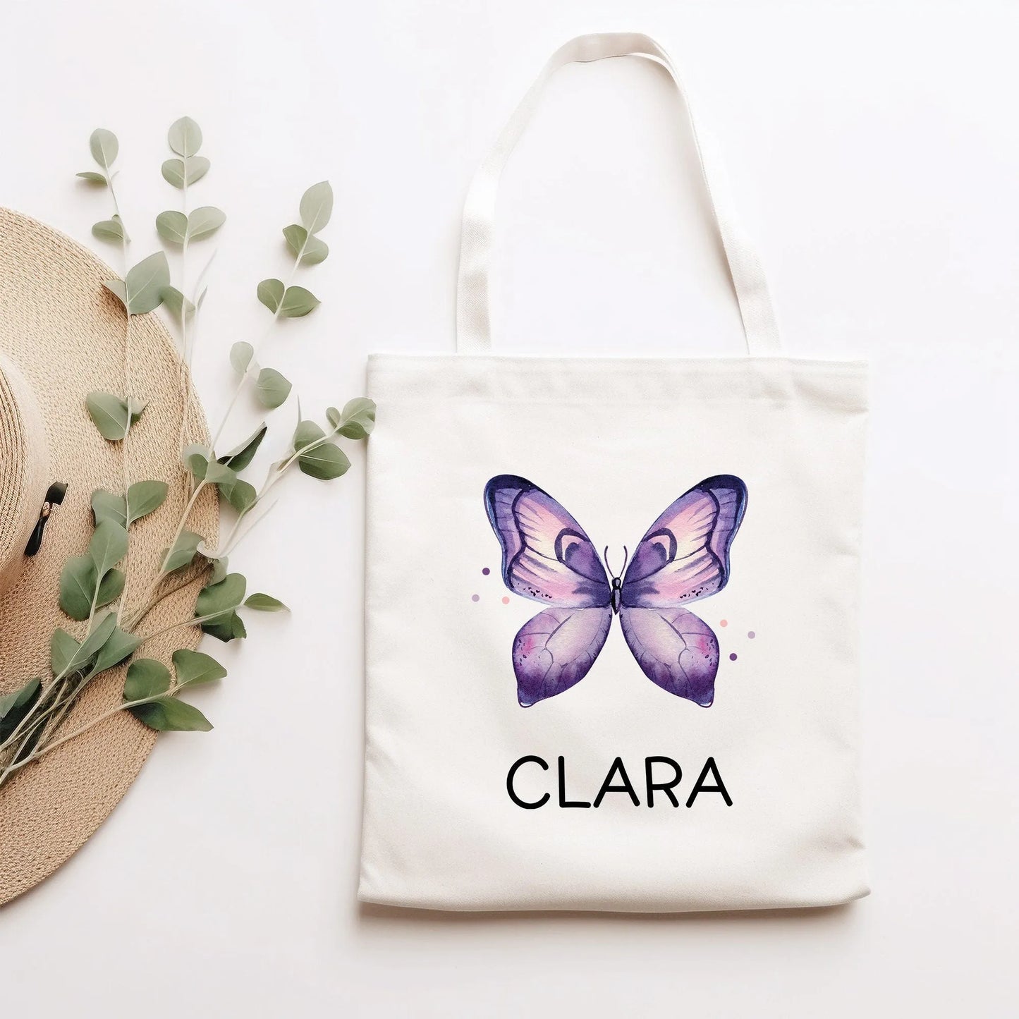 Schmetterling Lila Stofftasche Personalisiert und Namen. Für Schule und Kindergarten - Wäschebeutel Wechselwäsche Sport | Mädchen & Junge kleinebuchstaben Stofftasche Schriftart 1