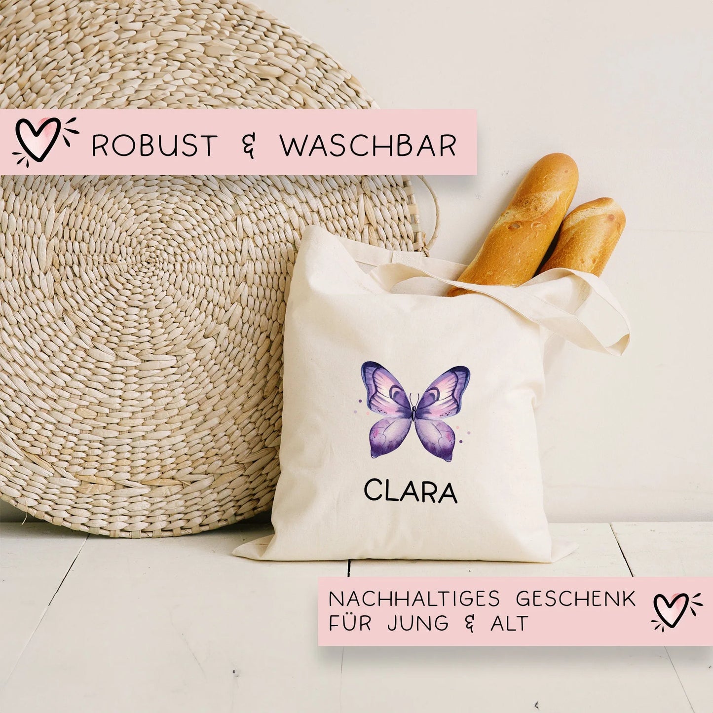 Schmetterling Lila Stofftasche Personalisiert und Namen. Für Schule und Kindergarten - Wäschebeutel Wechselwäsche Sport | Mädchen & Junge kleinebuchstaben