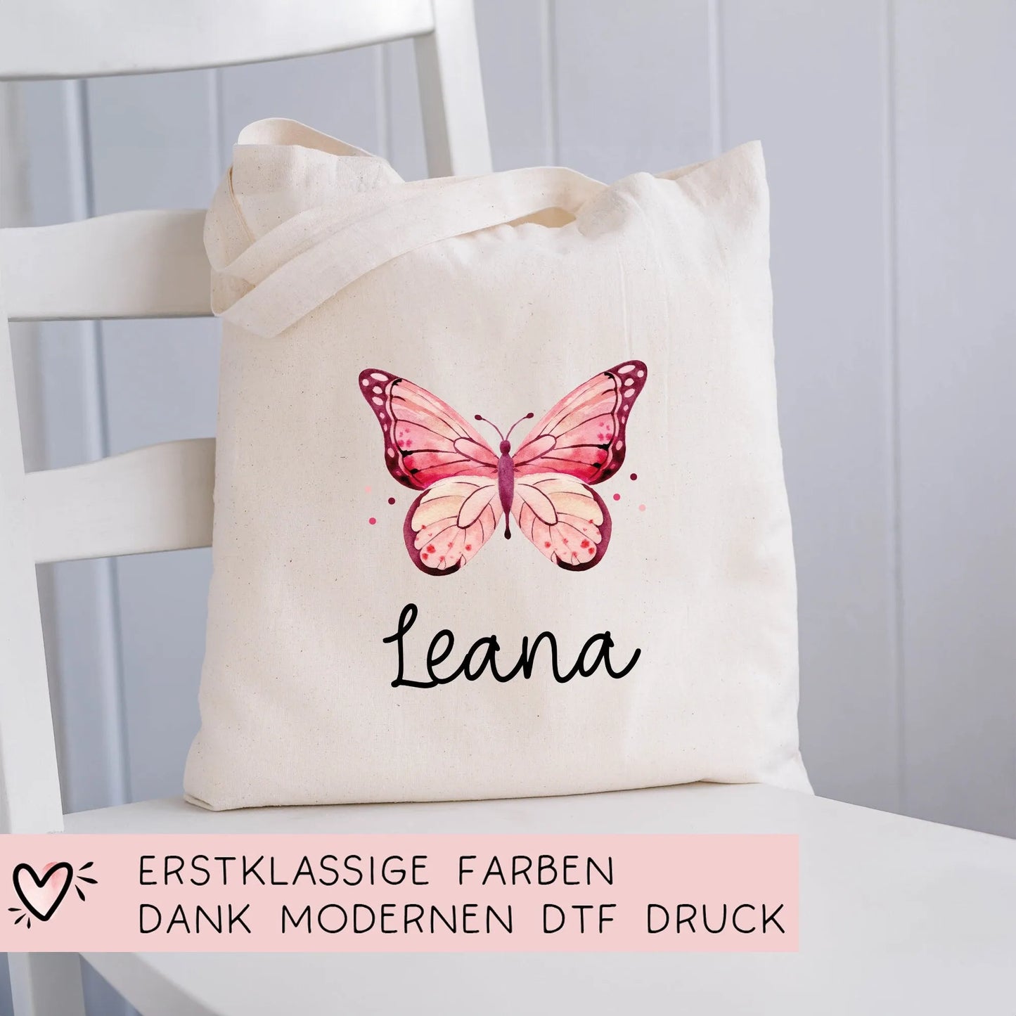 Stofftasche Schmetterling Rosa Personalisiert und Namen. Für Kindergarten und Schule - Wäschebeutel Wechselwäsche KITA | Mädchen & Junge kleinebuchstaben