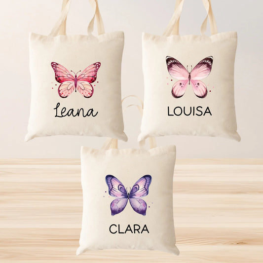 Rosa Lila Schmetterling Stofftasche Personalisiert und Namen. Kindergarten und Schule - Wäschebeutel Wechselwäsche KITA | Junge & Mädchen  kleinebuchstaben