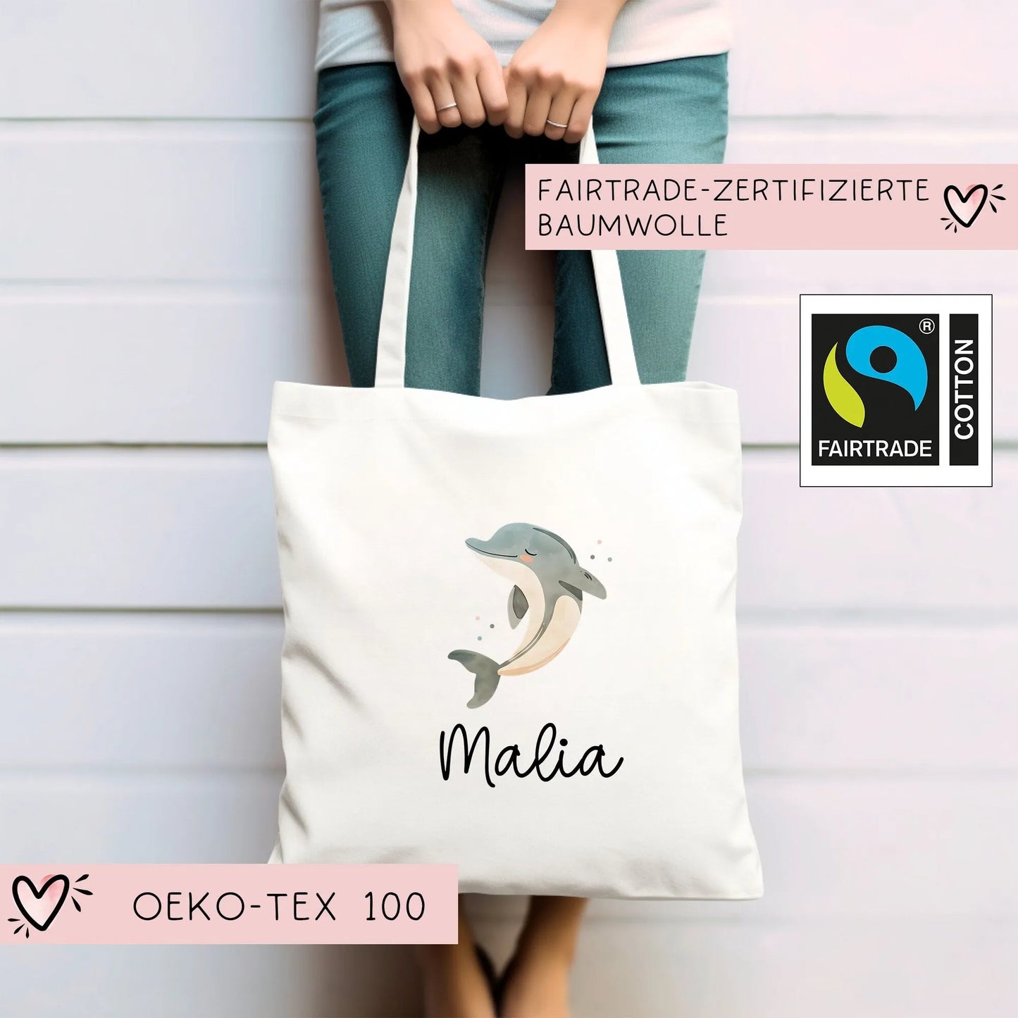 Stofftasche Delfin Delphin Personalisiert und Namen. Meer. Für Kindergarten und Schule - Wäschebeutel Wechselwäsche KITA | Mädchen & Junge kleinebuchstaben