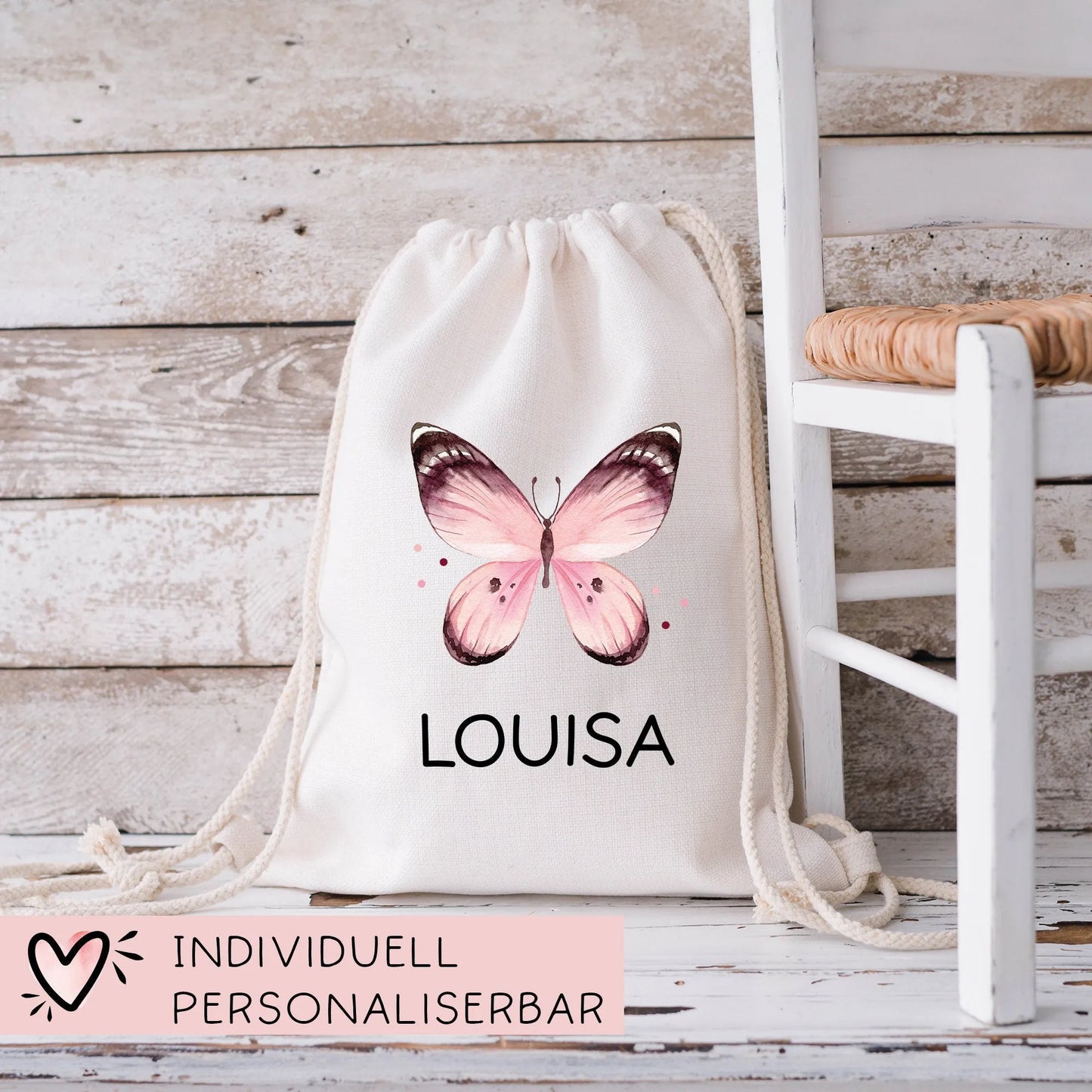 Schmetterling Kinder Turnbeutel Personalisiert | Rucksack mit Wunschnamen | Gymbag, Sportbeutel für Schule, Kindergarten, Trainingsbeutel kleinebuchstaben