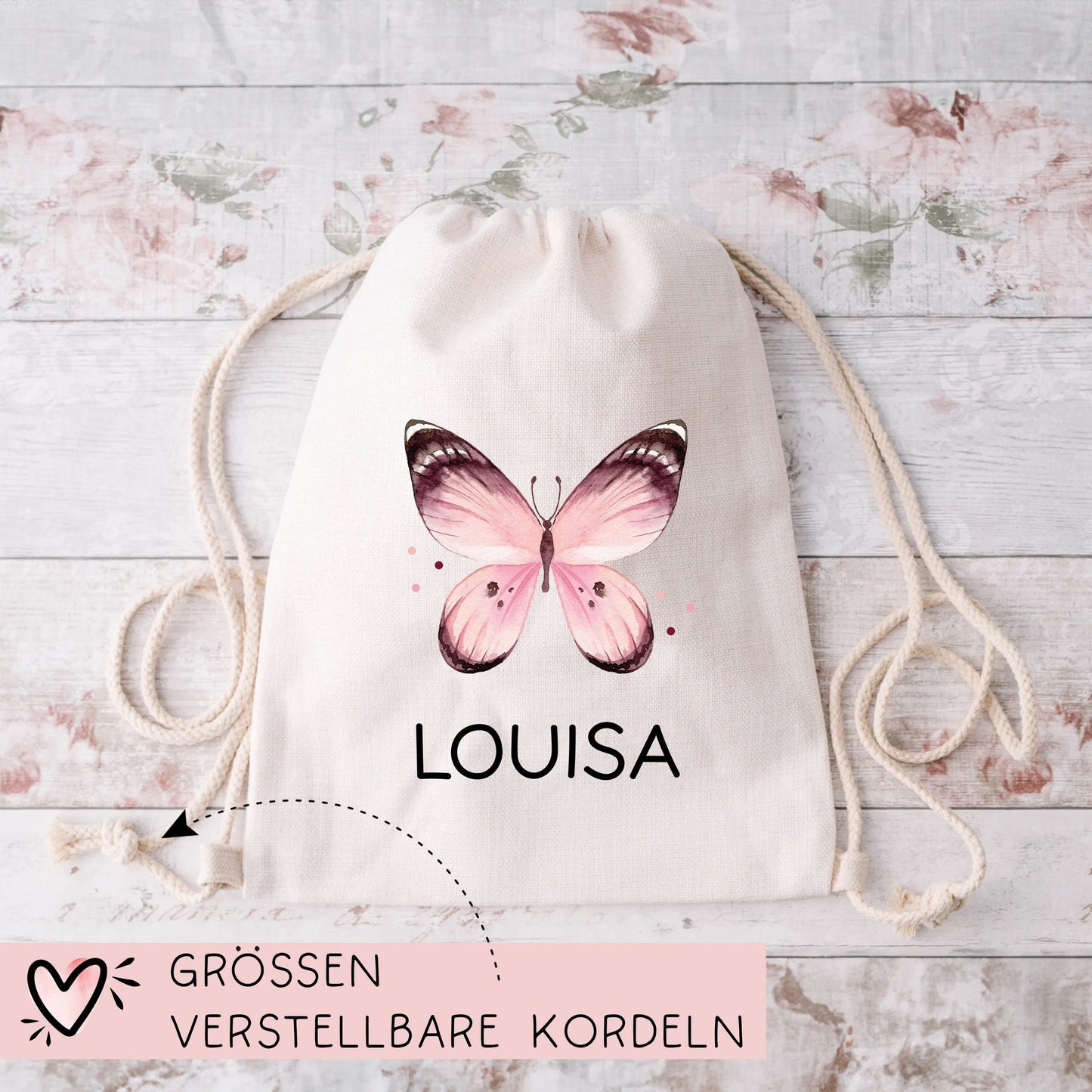 Schmetterling Kinder Turnbeutel Personalisiert | Rucksack mit Wunschnamen | Gymbag, Sportbeutel für Schule, Kindergarten, Trainingsbeutel kleinebuchstaben