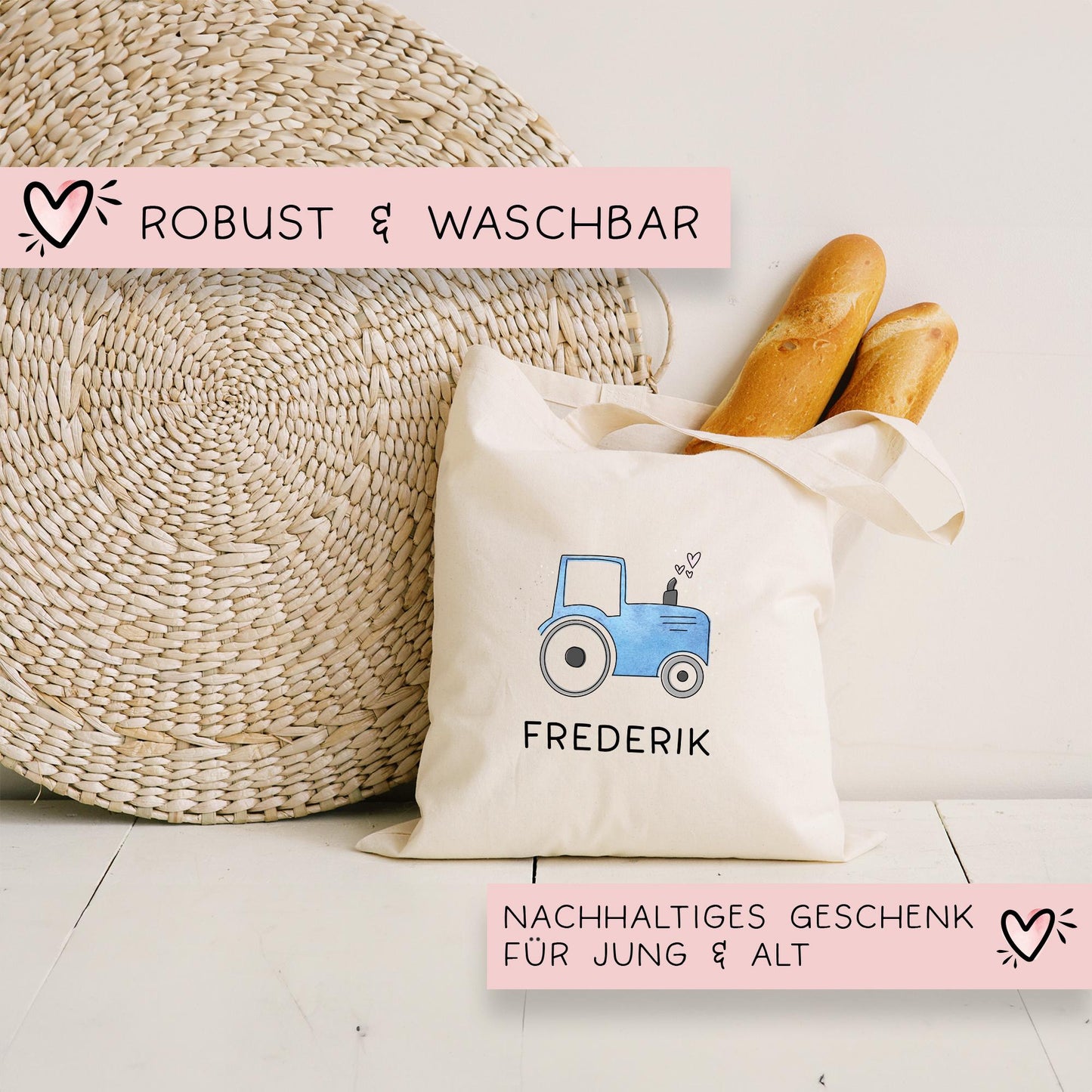 Traktor Blau Stofftasche Personalisiert & Name - Kinder Beutel Kindertasche mit Wunschname - Wechselwäsche - Wechselkleidung - Tragetasche kleinebuchstaben
