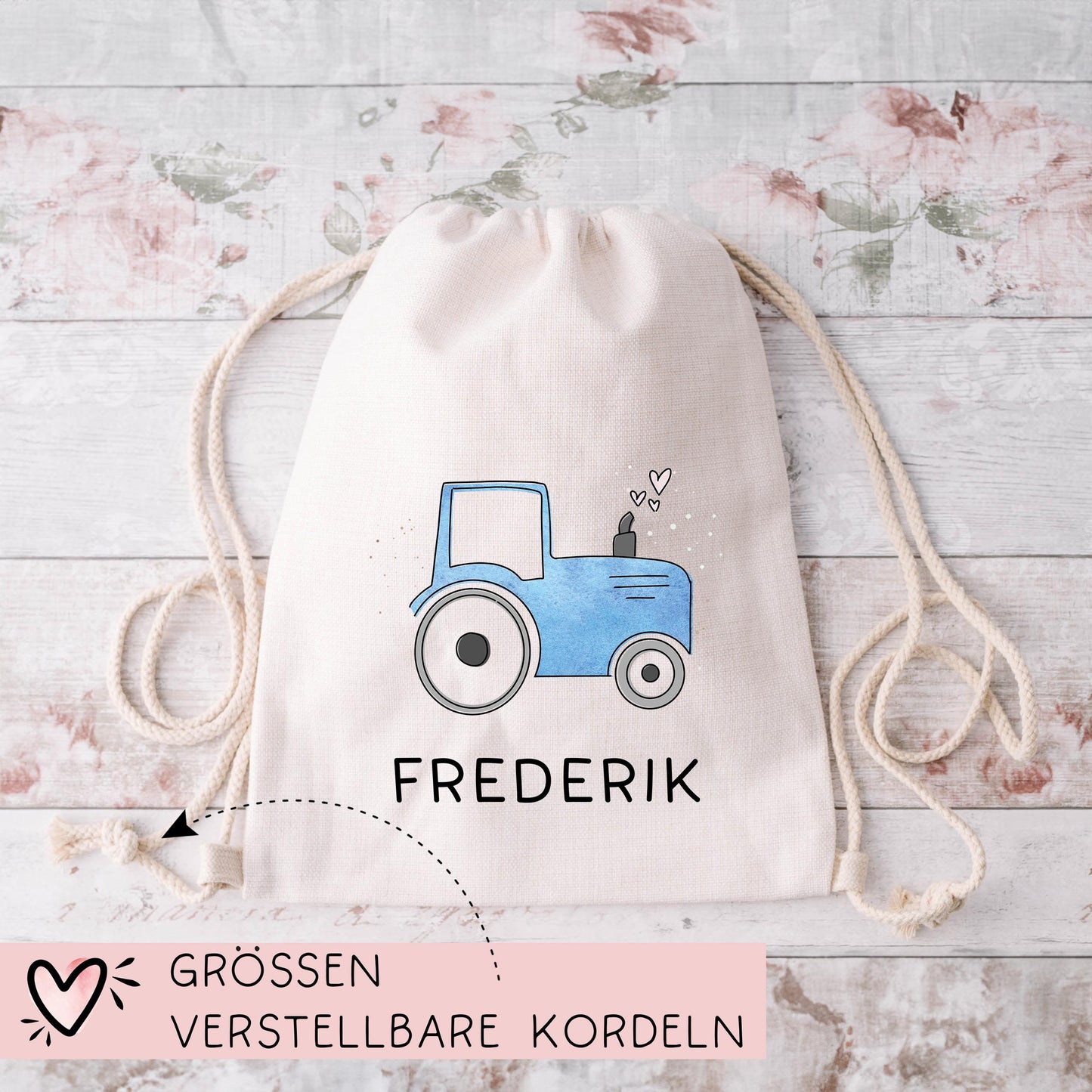 Traktor Blau Stofftasche Personalisiert & Name - Kinder Beutel Kindertasche mit Wunschname - Wechselwäsche - Wechselkleidung - Tragetasche kleinebuchstaben