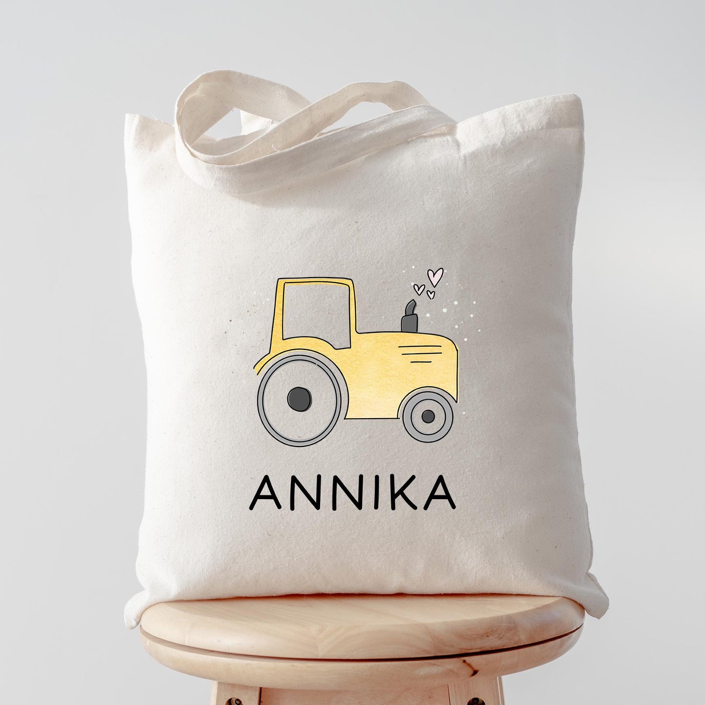 Baumwolltasche Traktor Gelb Stofftasche Name - Kinder Beutel Jutetasche Kindertasche & Wunschname - Wechselwäsche - Tragetasche Jutebeutel kleinebuchstaben Stofftasche Schriftart 1