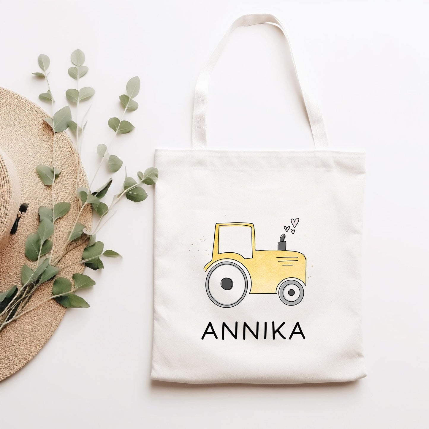 Baumwolltasche Traktor Gelb Stofftasche Name - Kinder Beutel Jutetasche Kindertasche & Wunschname - Wechselwäsche - Tragetasche Jutebeutel kleinebuchstaben
