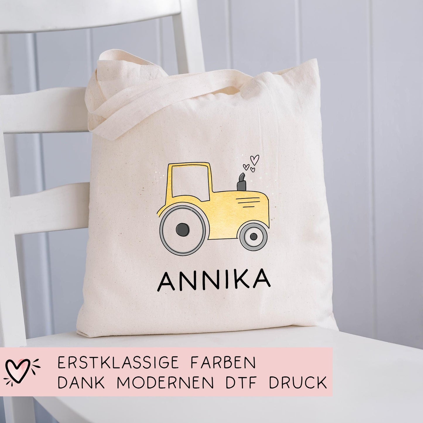 Baumwolltasche Traktor Gelb Stofftasche Name - Kinder Beutel Jutetasche Kindertasche & Wunschname - Wechselwäsche - Tragetasche Jutebeutel kleinebuchstaben