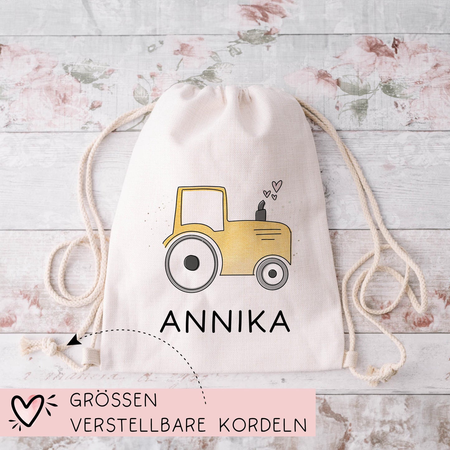 Baumwolltasche Traktor Gelb Stofftasche Name - Kinder Beutel Jutetasche Kindertasche & Wunschname - Wechselwäsche - Tragetasche Jutebeutel kleinebuchstaben