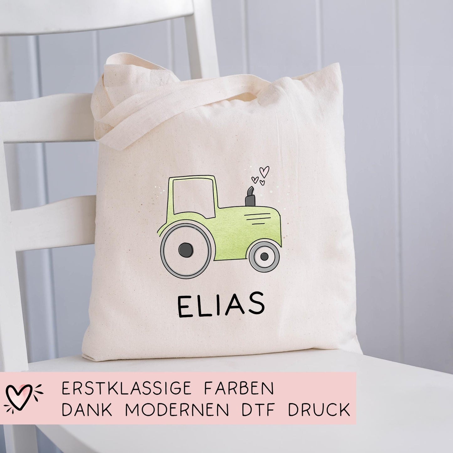 Traktor Grün Baumwolltasche Stofftasche Name - Kinder Beutel Jutetasche Kindertasche & Wunschname - Wechselwäsche - Tragetasche - Jutebeutel kleinebuchstaben