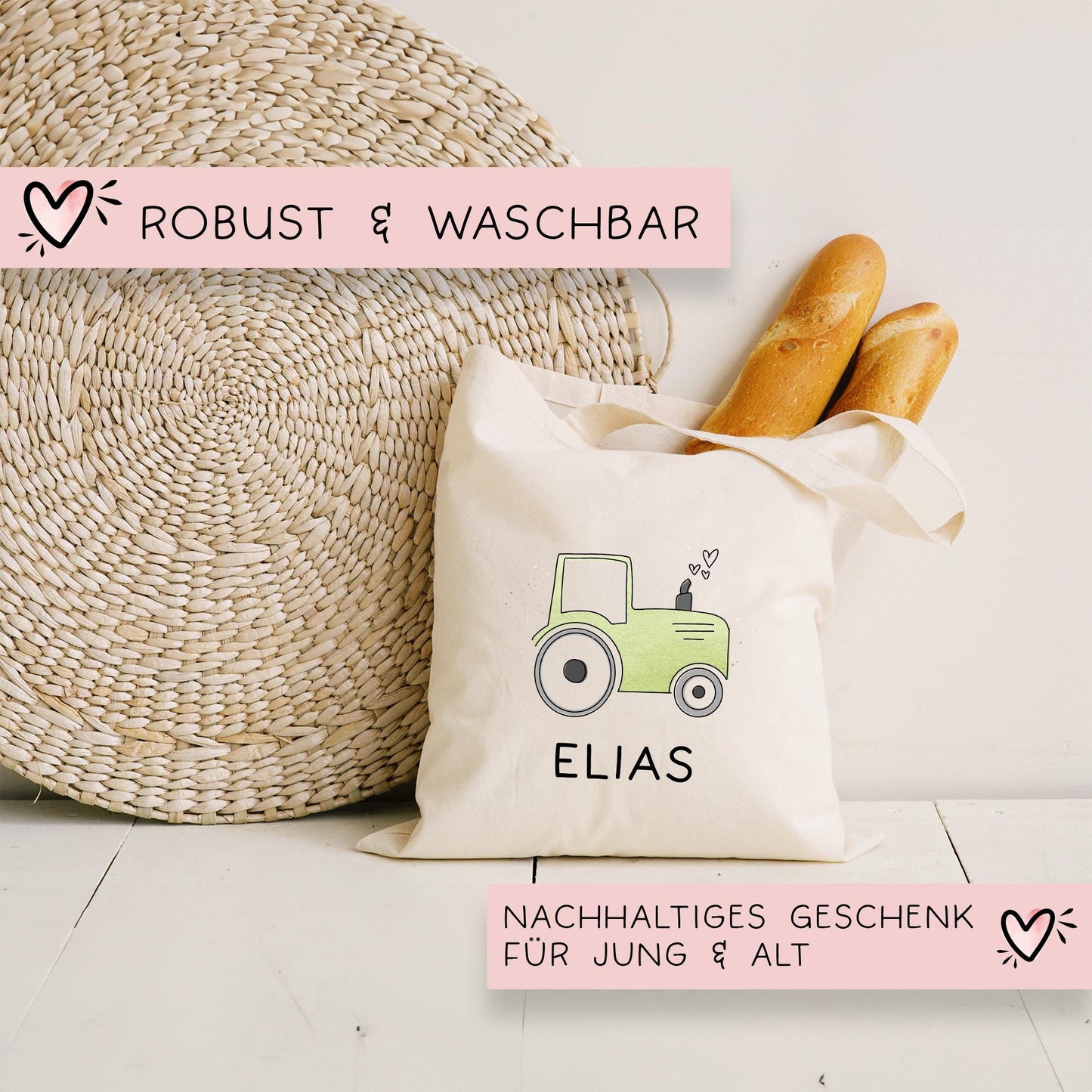 Traktor Grün Baumwolltasche Stofftasche Name - Kinder Beutel Jutetasche Kindertasche & Wunschname - Wechselwäsche - Tragetasche - Jutebeutel kleinebuchstaben