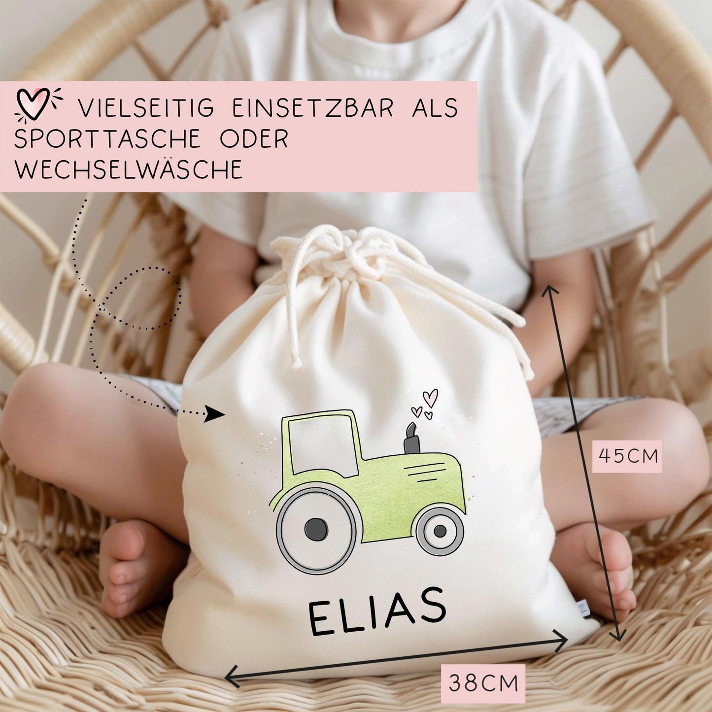 Traktor Grün Baumwolltasche Stofftasche Name - Kinder Beutel Jutetasche Kindertasche & Wunschname - Wechselwäsche - Tragetasche - Jutebeutel kleinebuchstaben