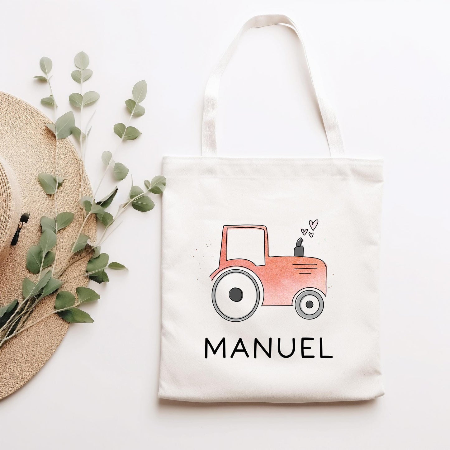 Baumwolltasche Traktor Rot Stofftasche Name - Kinder Beutel Jutetasche Kindertasche & Wunschname - Wechselwäsche - Tragetasche - Jutebeutel kleinebuchstaben