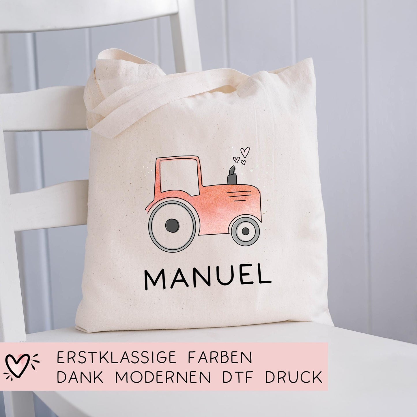 Baumwolltasche Traktor Rot Stofftasche Name - Kinder Beutel Jutetasche Kindertasche & Wunschname - Wechselwäsche - Tragetasche - Jutebeutel kleinebuchstaben