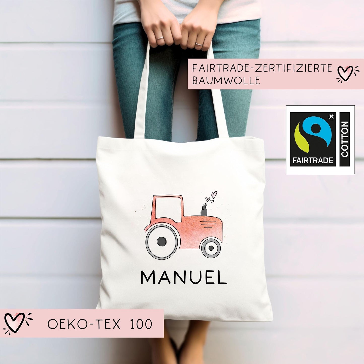 Baumwolltasche Traktor Rot Stofftasche Name - Kinder Beutel Jutetasche Kindertasche & Wunschname - Wechselwäsche - Tragetasche - Jutebeutel kleinebuchstaben