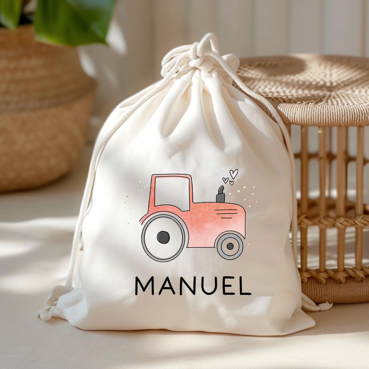 Baumwolltasche Traktor Rot Stofftasche Name - Kinder Beutel Jutetasche Kindertasche & Wunschname - Wechselwäsche - Tragetasche - Jutebeutel kleinebuchstaben Turnbeutel Schriftart 1