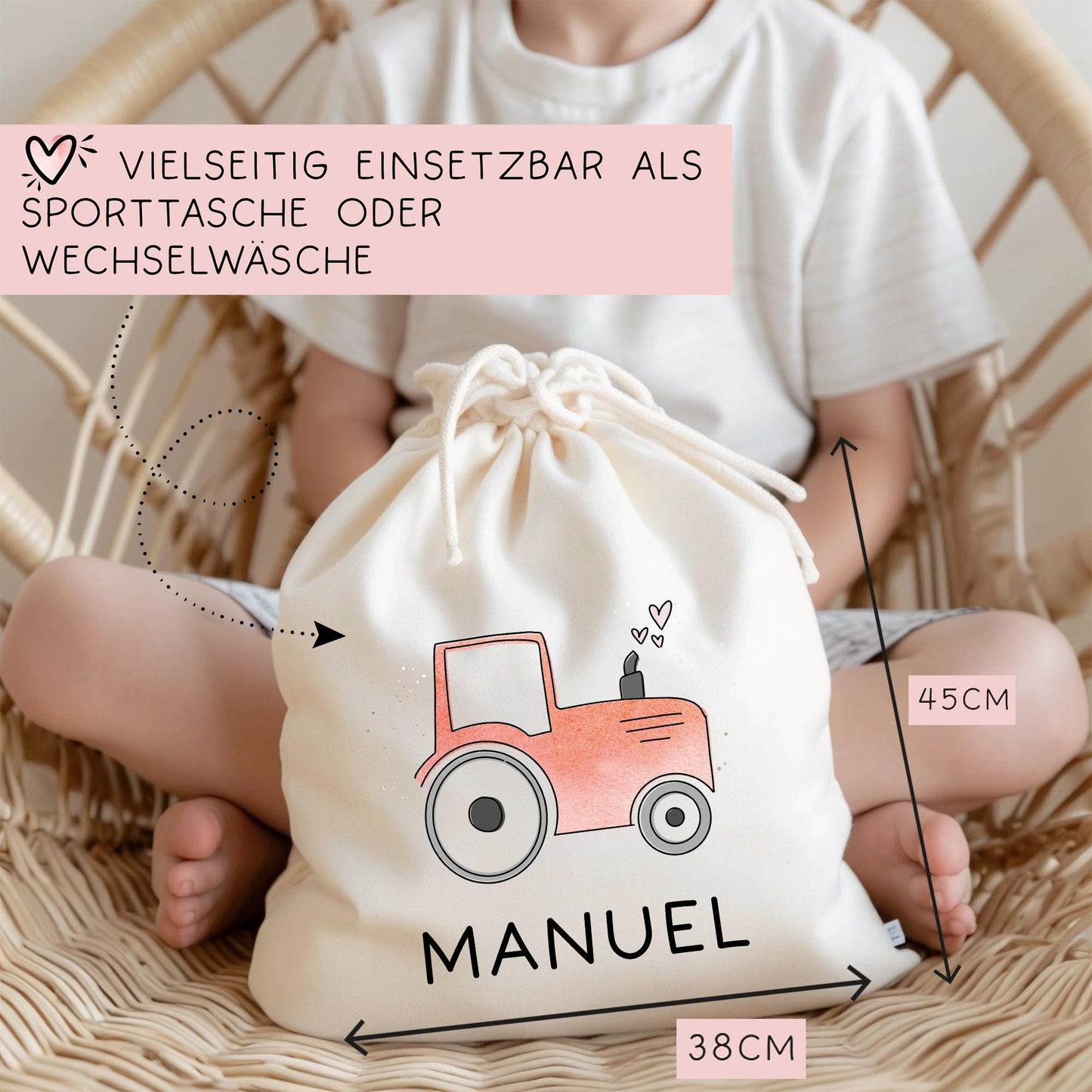Baumwolltasche Traktor Rot Stofftasche Name - Kinder Beutel Jutetasche Kindertasche & Wunschname - Wechselwäsche - Tragetasche - Jutebeutel kleinebuchstaben