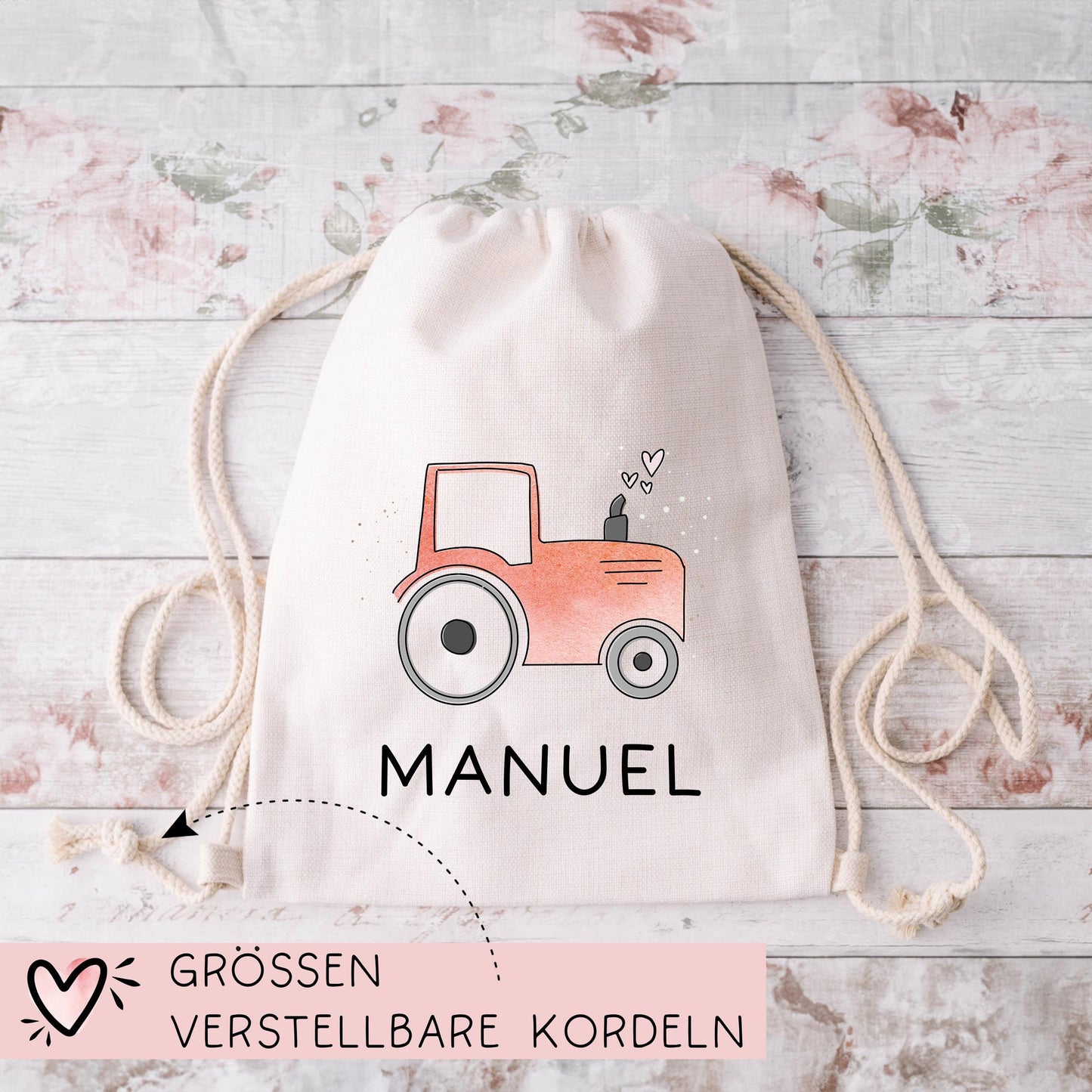 Baumwolltasche Traktor Rot Stofftasche Name - Kinder Beutel Jutetasche Kindertasche & Wunschname - Wechselwäsche - Tragetasche - Jutebeutel kleinebuchstaben