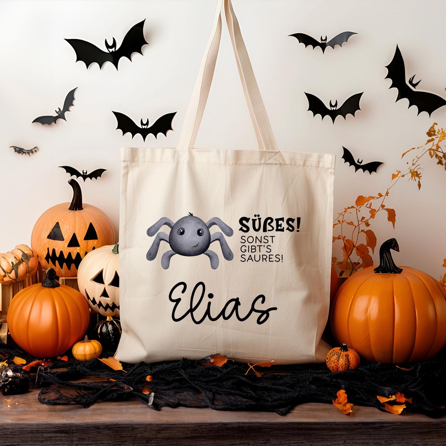 Halloween Stofftasche Personalisiert - Spinne - Jutebeutel - Jutetasche - Tragetasche für Kinder für Süßigkeiten - mit Name - Tasche Beutel kleinebuchstaben