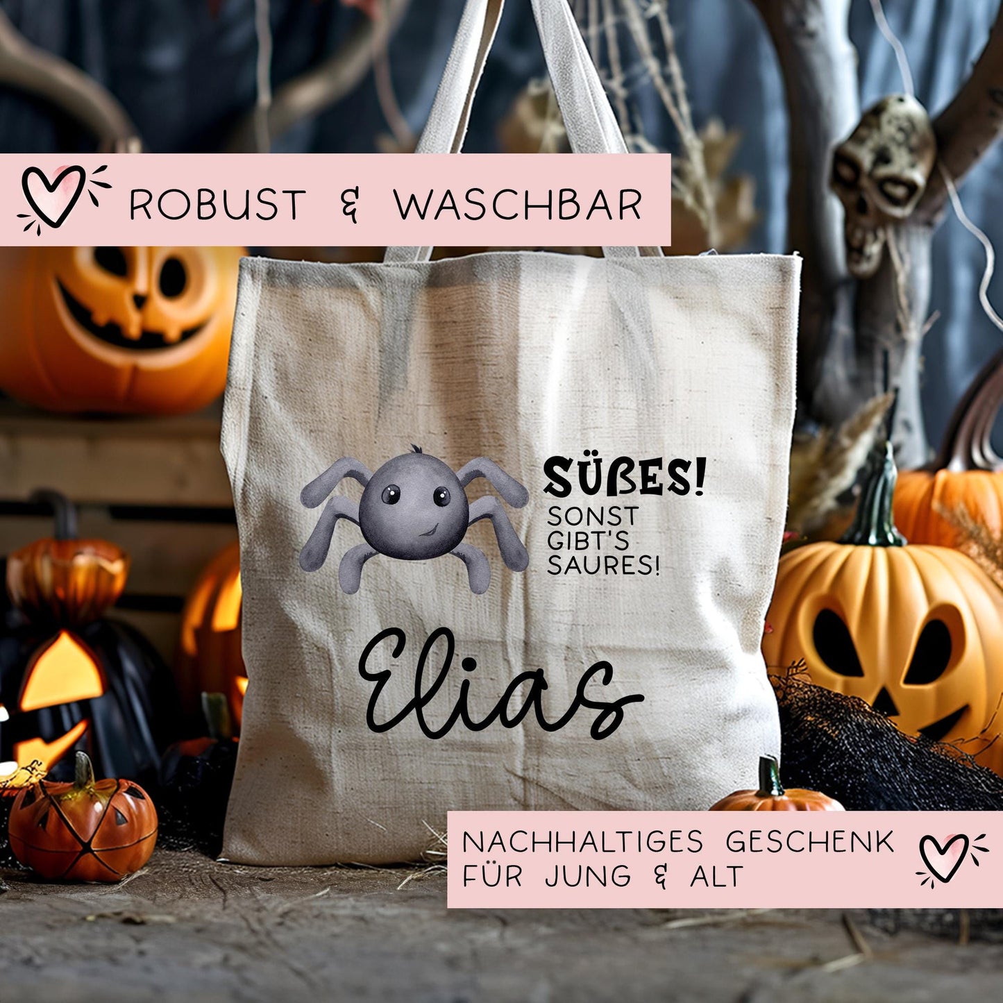 Halloween Stofftasche Personalisiert - Spinne - Jutebeutel - Jutetasche - Tragetasche für Kinder für Süßigkeiten - mit Name - Tasche Beutel kleinebuchstaben