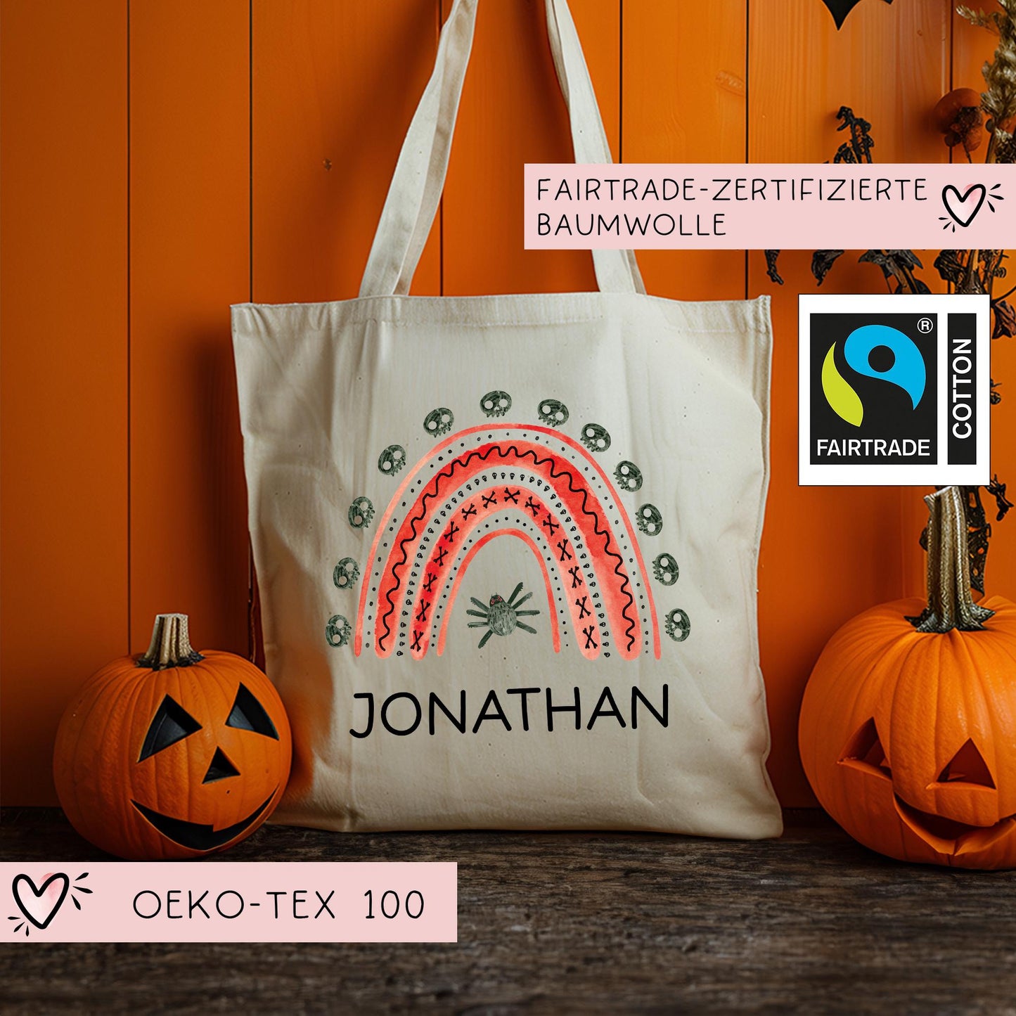 Halloween Stofftasche Personalisiert - Regenbogen Rot - Jutebeutel - Jutetasche - Tragetasche für Kinder für Süßigkeiten - Tasche Beutel kleinebuchstaben