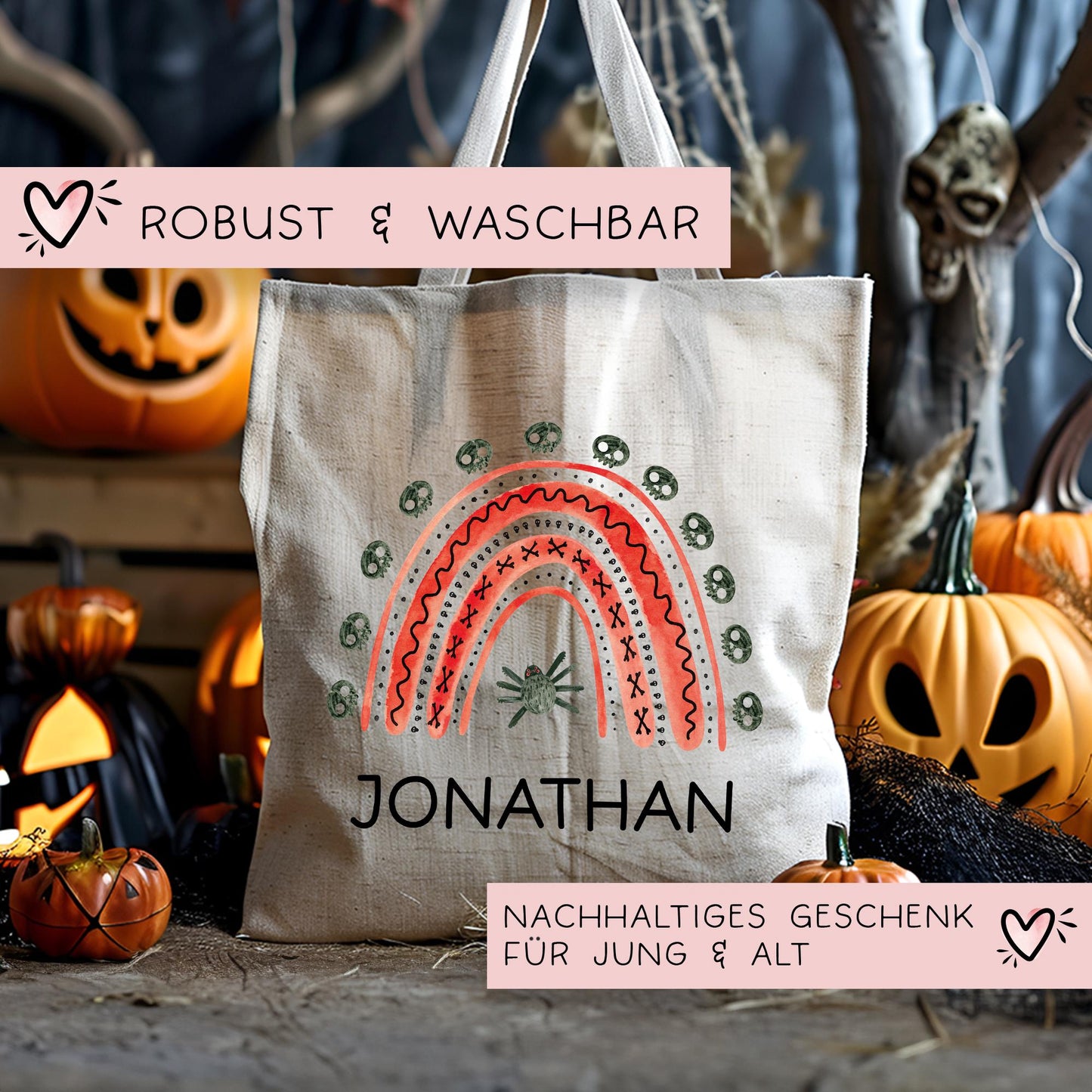 Halloween Stofftasche Personalisiert - Regenbogen Rot - Jutebeutel - Jutetasche - Tragetasche für Kinder für Süßigkeiten - Tasche Beutel kleinebuchstaben