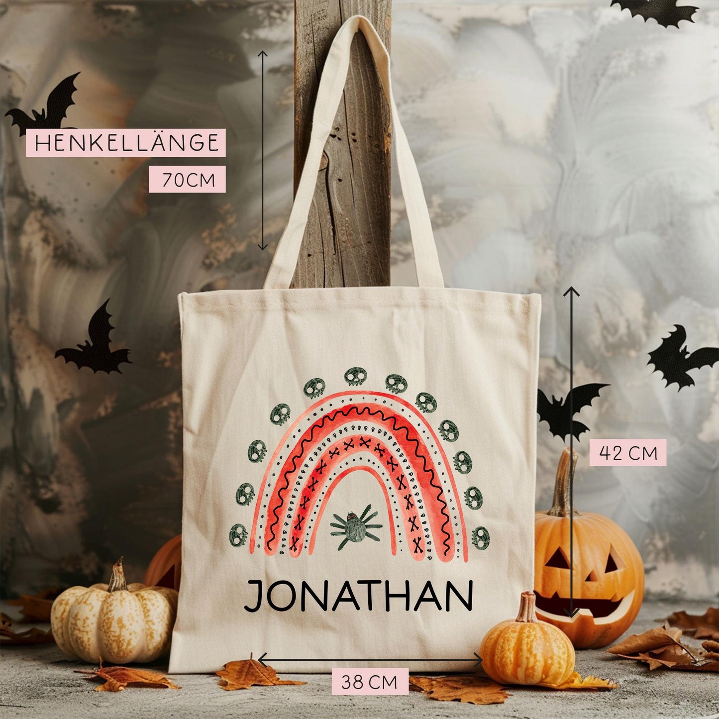 Halloween Stofftasche Personalisiert - Regenbogen Rot - Jutebeutel - Jutetasche - Tragetasche für Kinder für Süßigkeiten - Tasche Beutel kleinebuchstaben