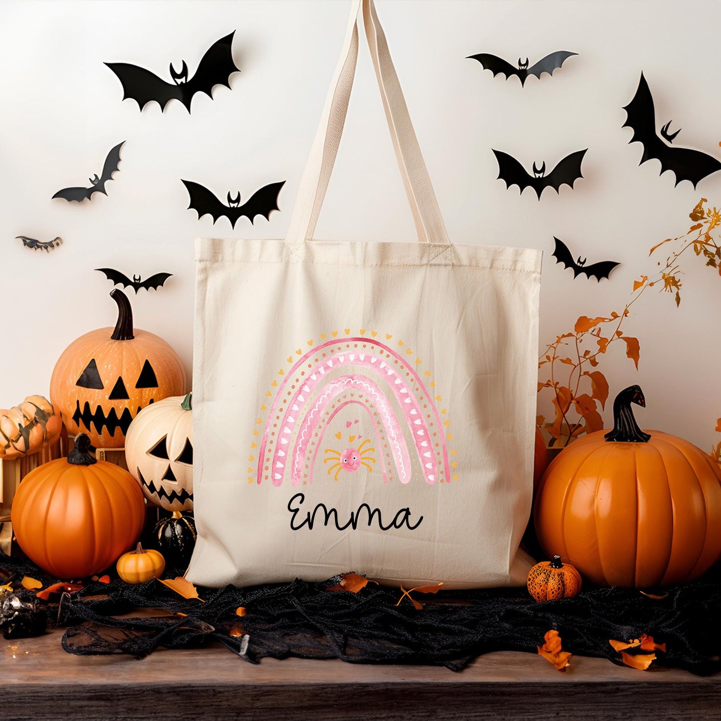 Regenbogen Rosa Halloween Stofftasche - Personalisiert - Jutebeutel - Jutetasche - Tragetasche für Kinder für Süßigkeiten - Tasche Beutel kleinebuchstaben