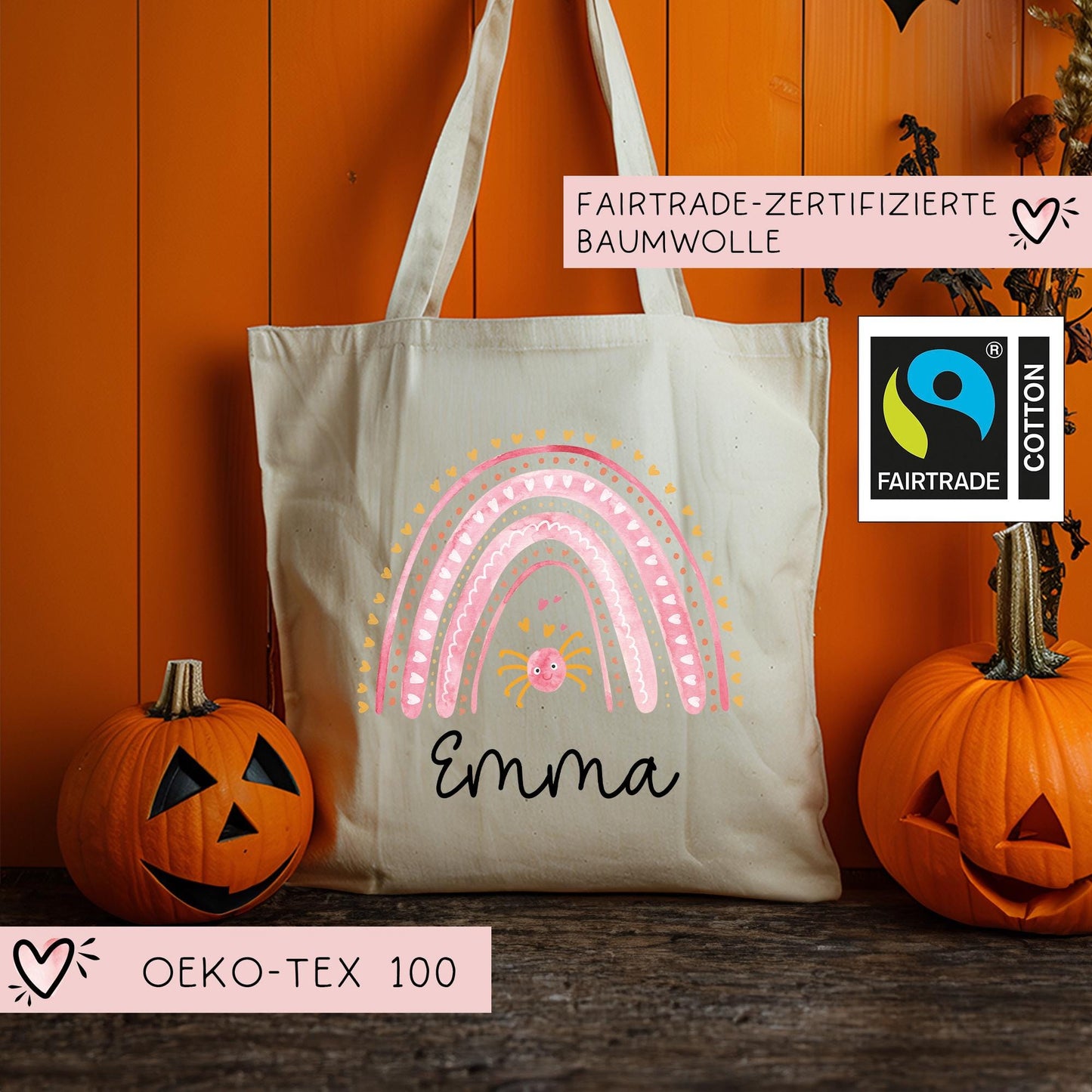 Regenbogen Rosa Halloween Stofftasche - Personalisiert - Jutebeutel - Jutetasche - Tragetasche für Kinder für Süßigkeiten - Tasche Beutel kleinebuchstaben
