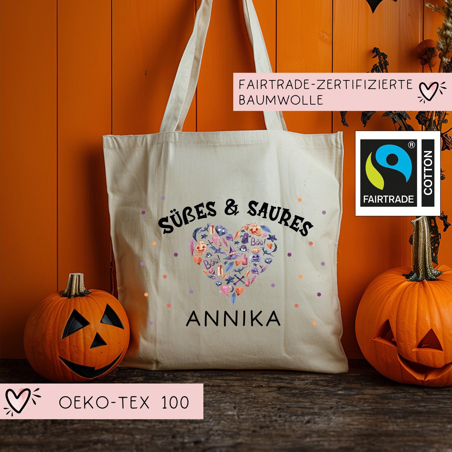 Halloween Stofftasche Personalisiert - Süßes oder Saures - Jutebeutel - Jutetasche - Tragetasche für Kinder für Süßigkeiten - Tasche Beutel kleinebuchstaben